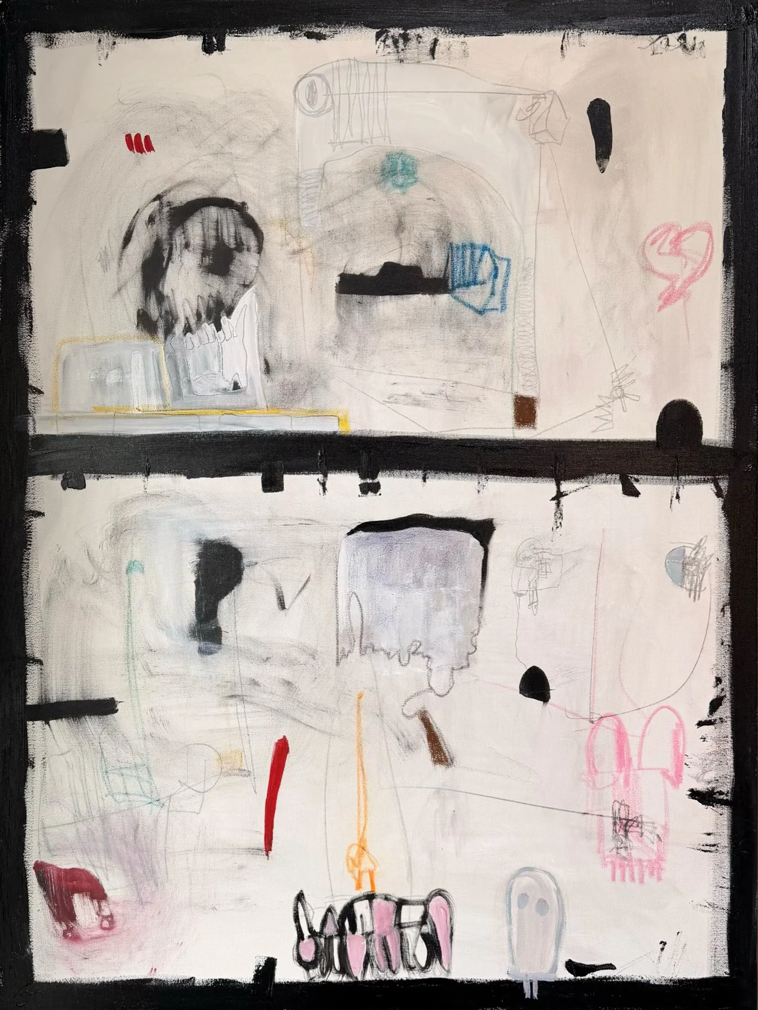 Abstract mixed media artwork featuring sketches, doodles, and painted elements including a skull, heart, and various lines and shapes in black, gray, pink, red, orange, blue, and brown, framed with a thick black border.