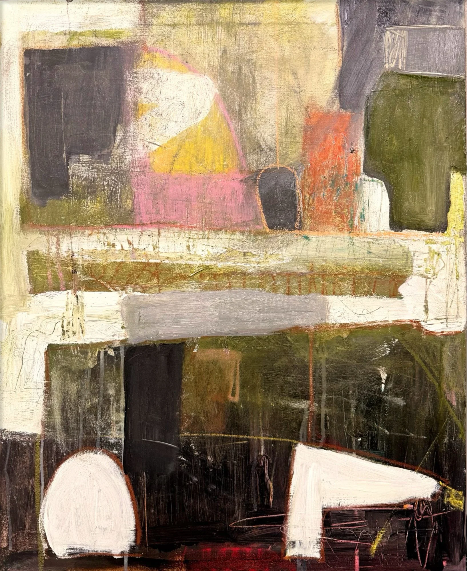 Abstract painting with bold blocks of black, white, pink, red, and olive-green colors, with textured brushstrokes and lines.