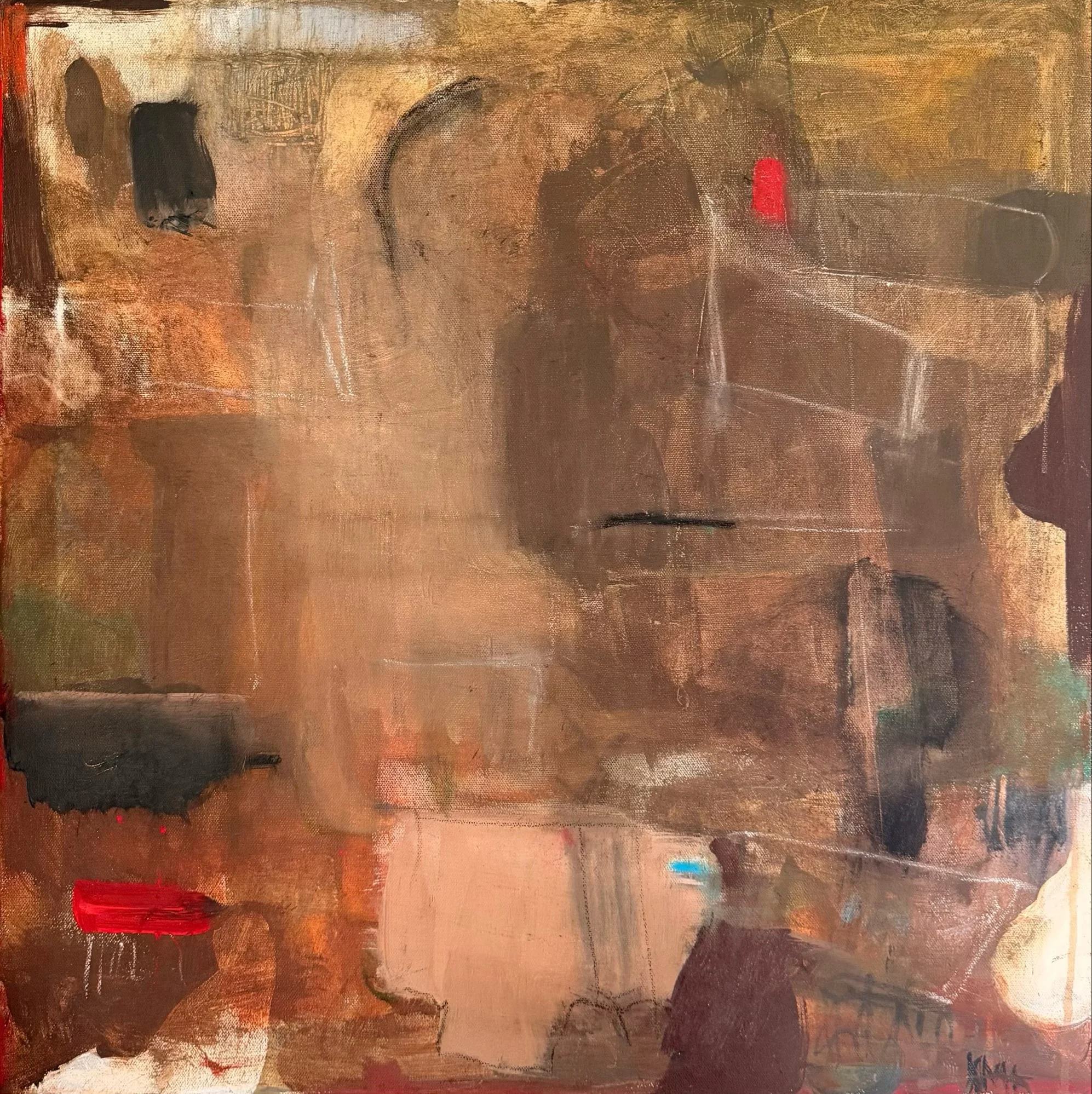 Abstract painting with earthy tones, shades of brown, beige, and hints of red and blue, featuring textured surfaces and layered brushstrokes.