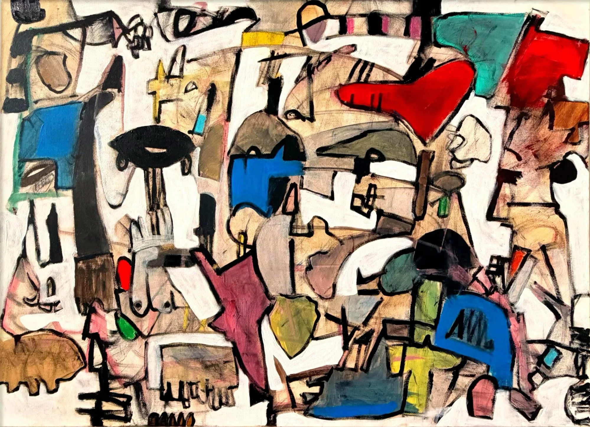 Abstract painting with vivid colors including red, blue, yellow, and black, featuring geometric and irregular shapes with black outlines.