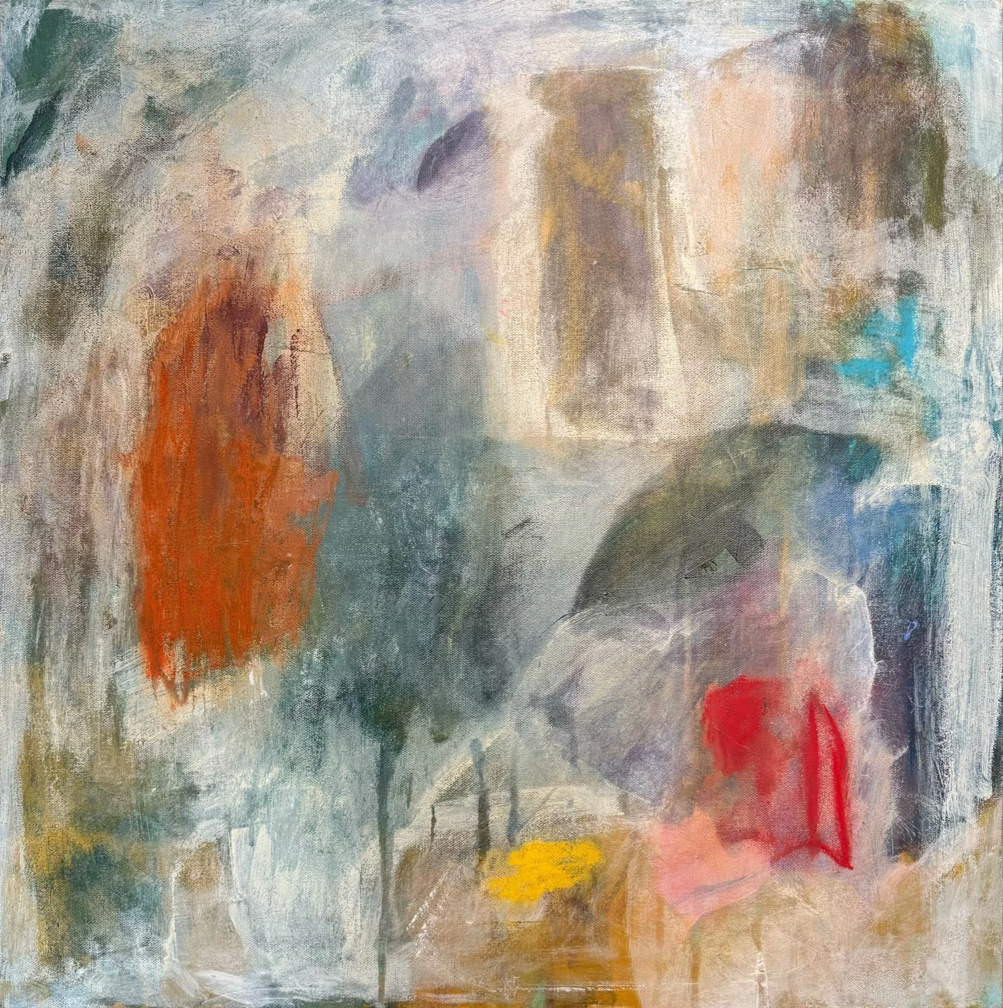 Abstract painting with vibrant colors including orange, yellow, blue, green, and red, featuring textured brushstrokes and layered paint.