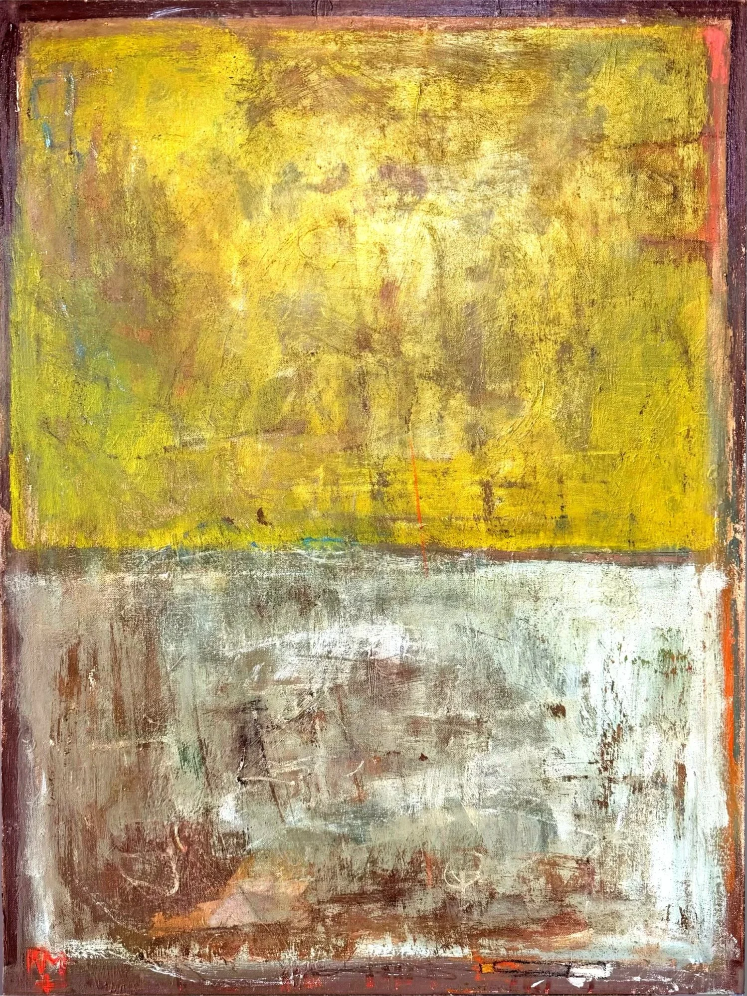 Abstract textured painting with mainly yellow, brown, and gray tones.