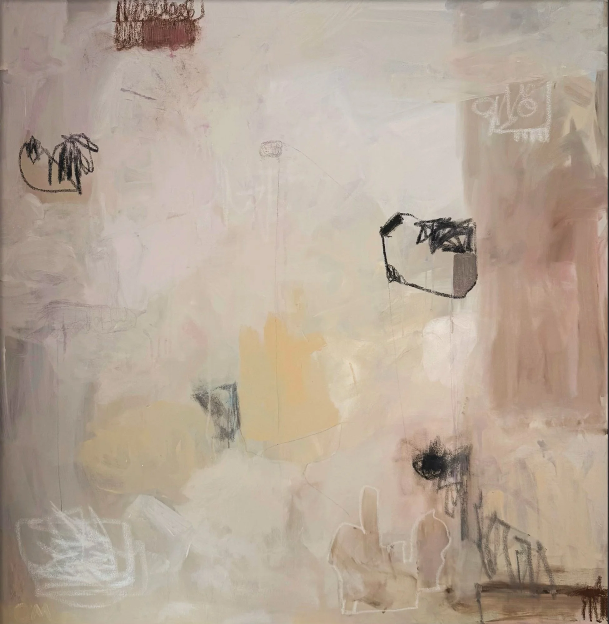 Abstract wall with sketchy drawings and scribbles, including a small plant and some geometric shapes, in soft pastel tones.
