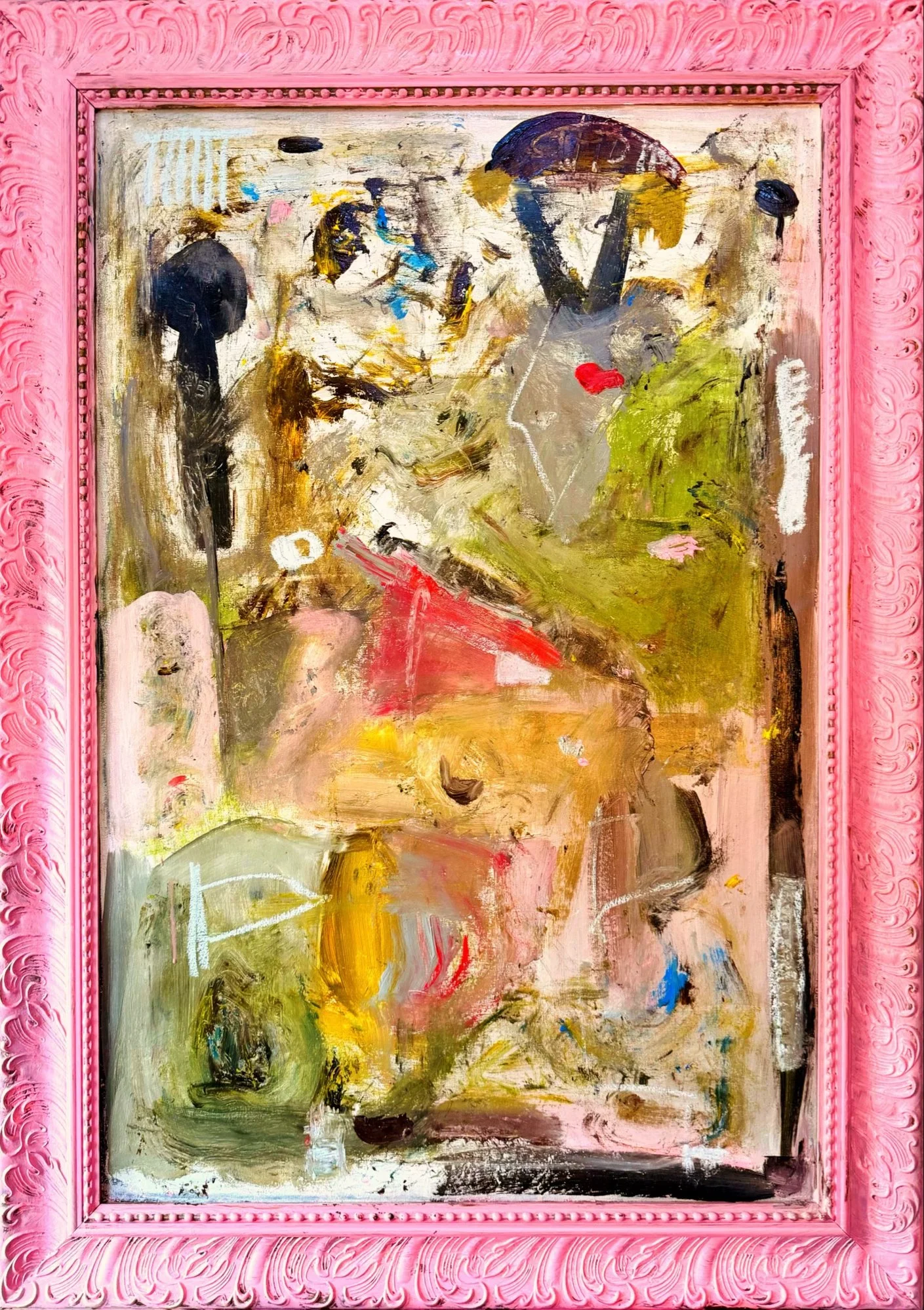 Abstract painting with dark, yellow, pink, and blue brushstrokes in a pink ornate frame.