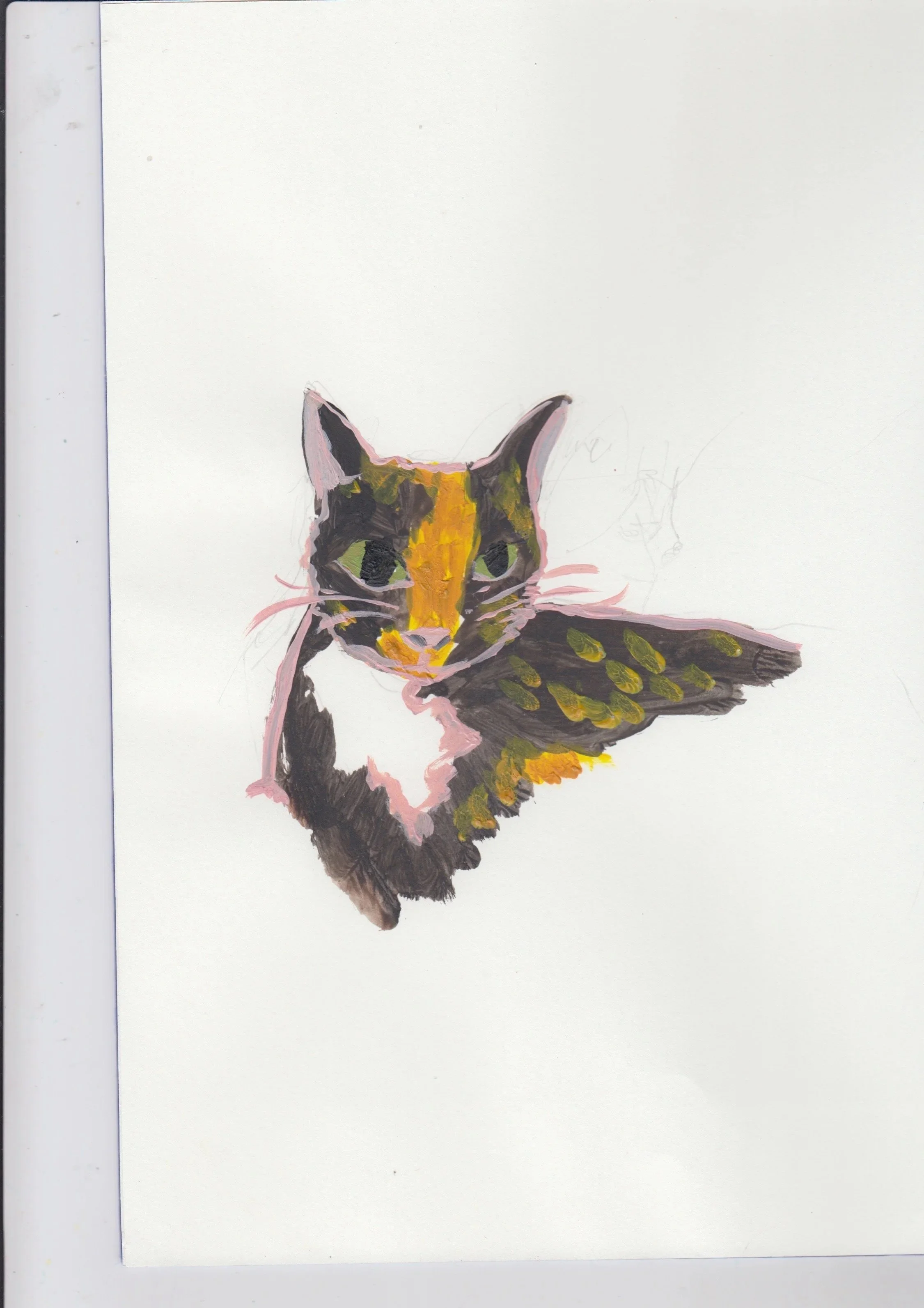 Painting of a cat with yellow and black markings on a white background. Joni the cat.