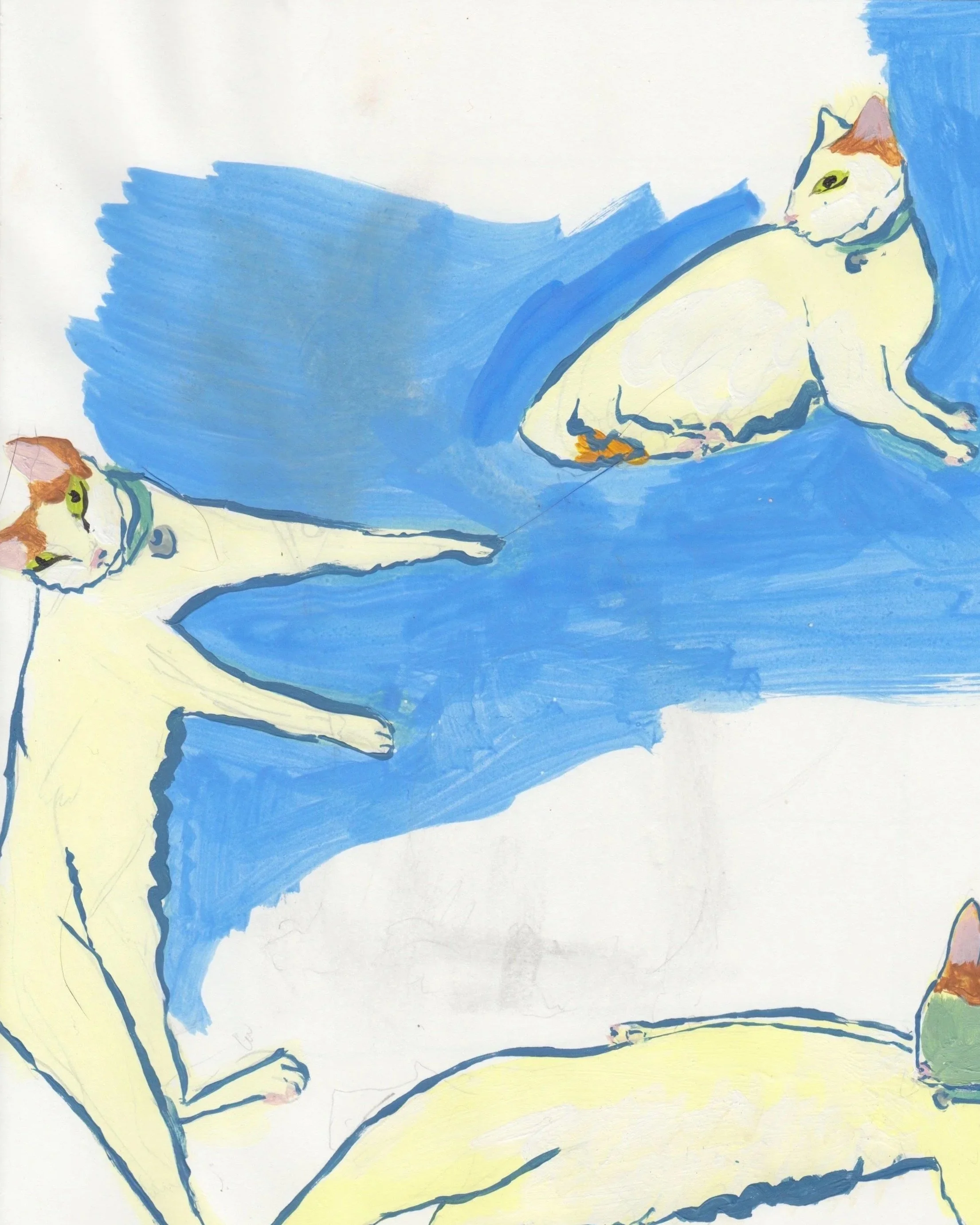 A colorful drawing of a cat with a white body, brown markings, and green eyes lying on a blue surface with a yellow background.