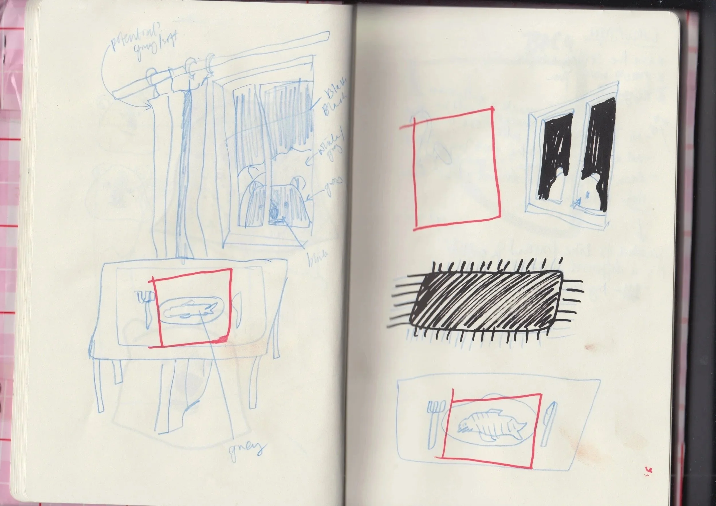 An open notebook with sketches and notes. Blue and black ink drawings depict a window with curtains, a table with a fork and plate, and a rectangle. Red lines outline a square shape. Notes and labels accompany the sketches.