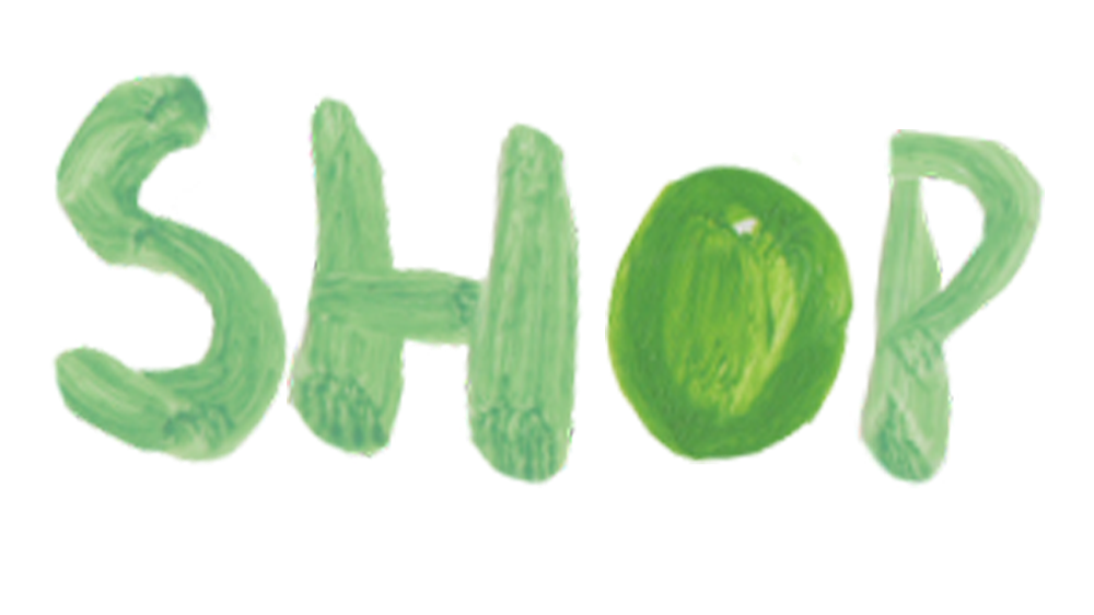 Hand-painted green word 'SHOP' with the letter 'O' depicted as a lime.