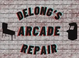 Sign reading 'DeLong's Arcade Repair' with a brick wall background and small arcade game icons.
