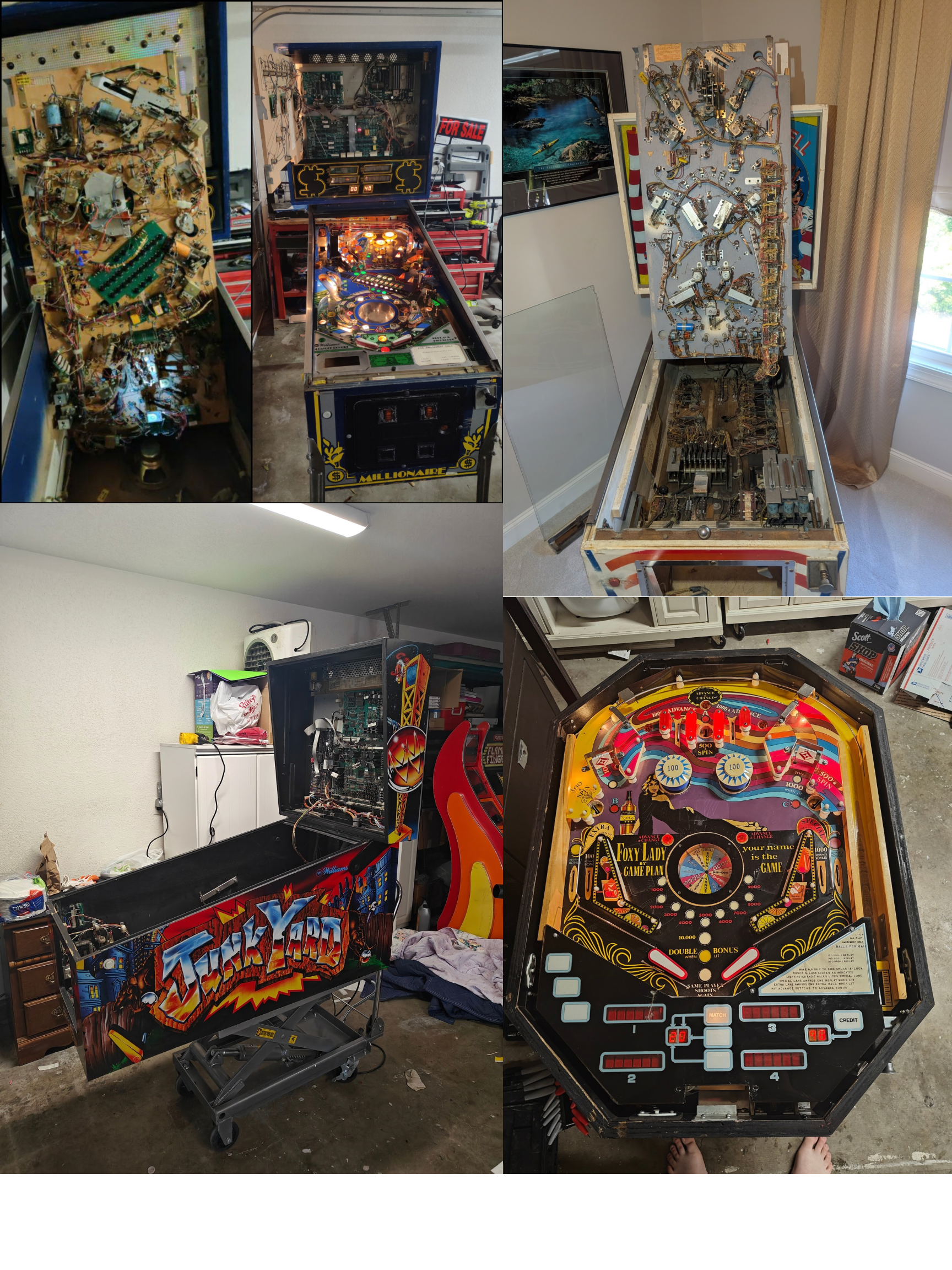 A collage of images showing the disassembled and partially restored boards of vintage pinball machines, including circuit boards, mechanical components, and colorful artwork.