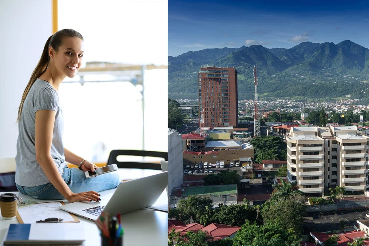 Business traveler working in San José with Costa Rica mountains in the background