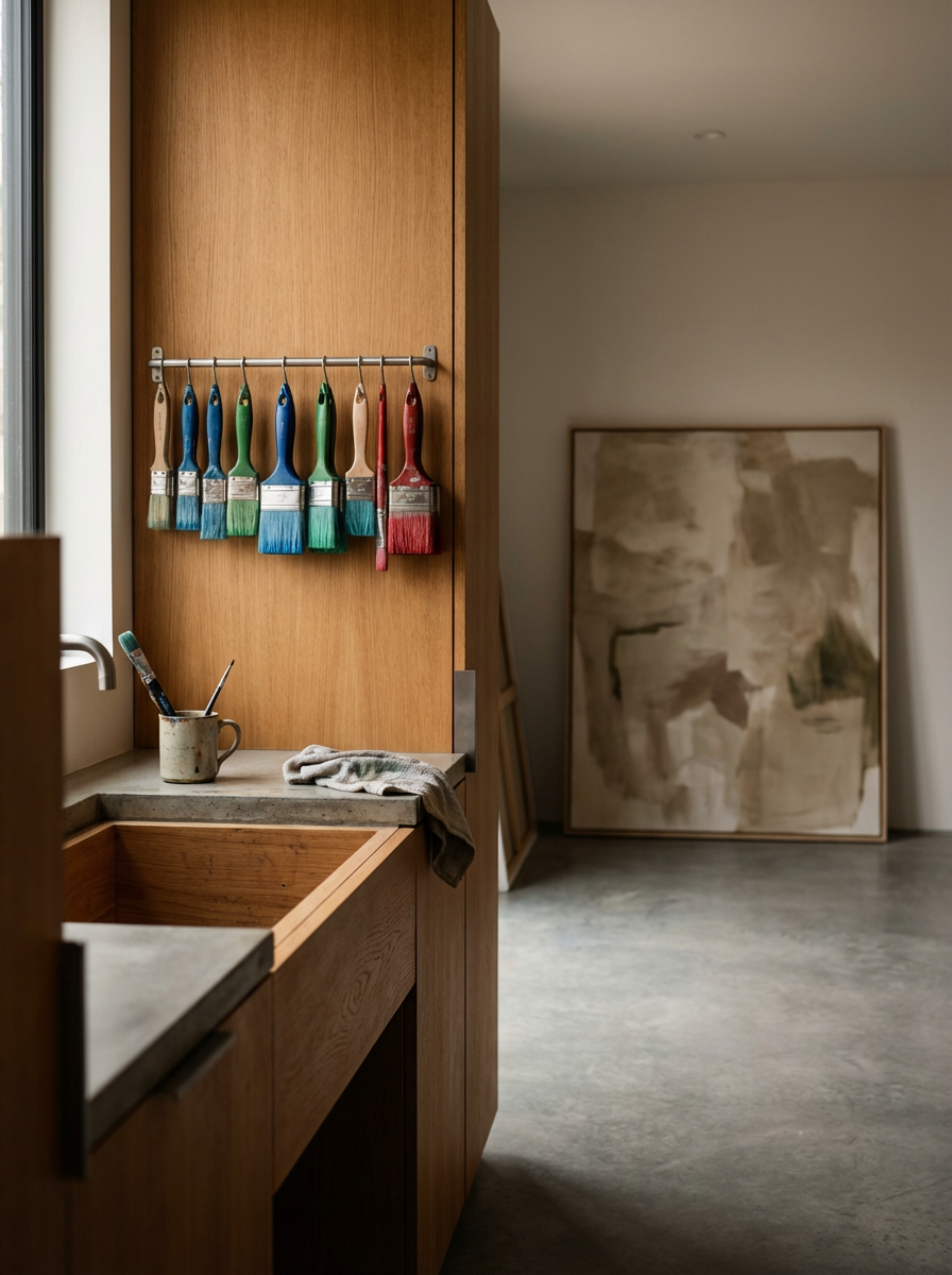 A kitchen with a wooden cabinet, a small sink, and a window. Seven paintbrushes with colorful handles hang on a metal rail on the cabinet's door, and a mug with a paintbrush inside sits on the concrete countertop. An abstract painting leans against the wall in the background.