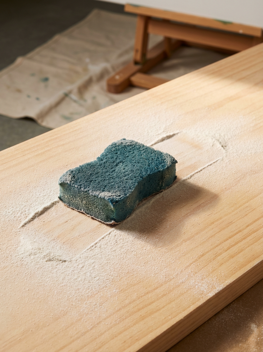 A green and blue sanding sponge on a wooden surface with sawdust, with a woodworking workbench and a cloth in the background.