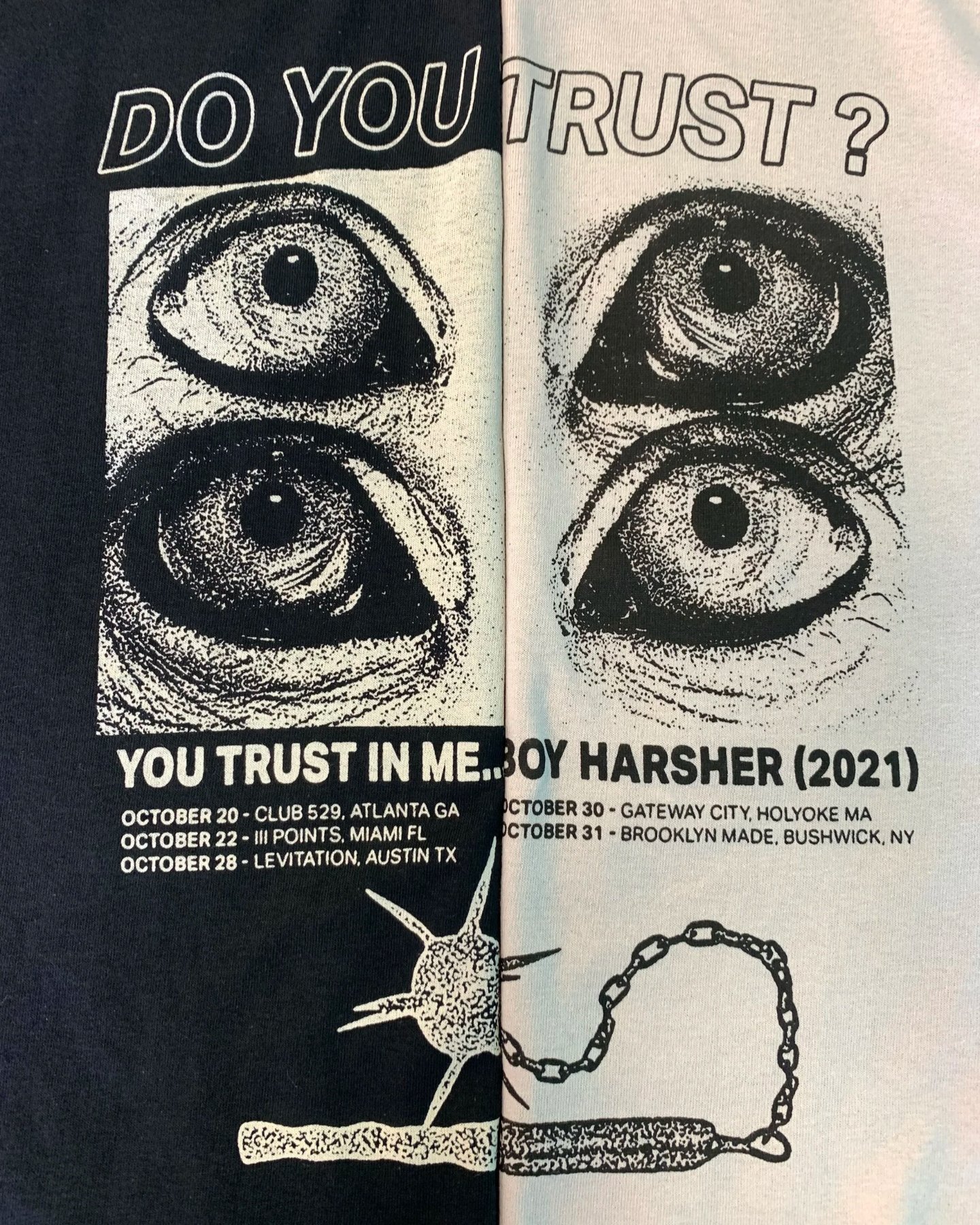 Custom screen printed band merchandise and tour apparel produced for Boy Harsher in Austin TX.
