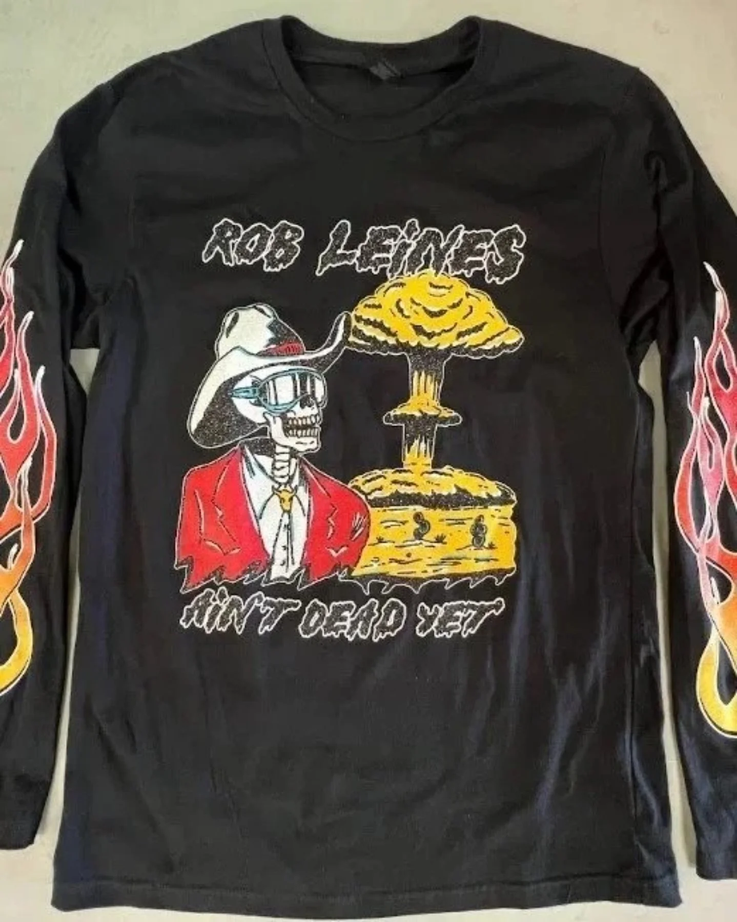 Custom screen printed long sleeve tour merchandise produced for Rob Leines in Austin TX.