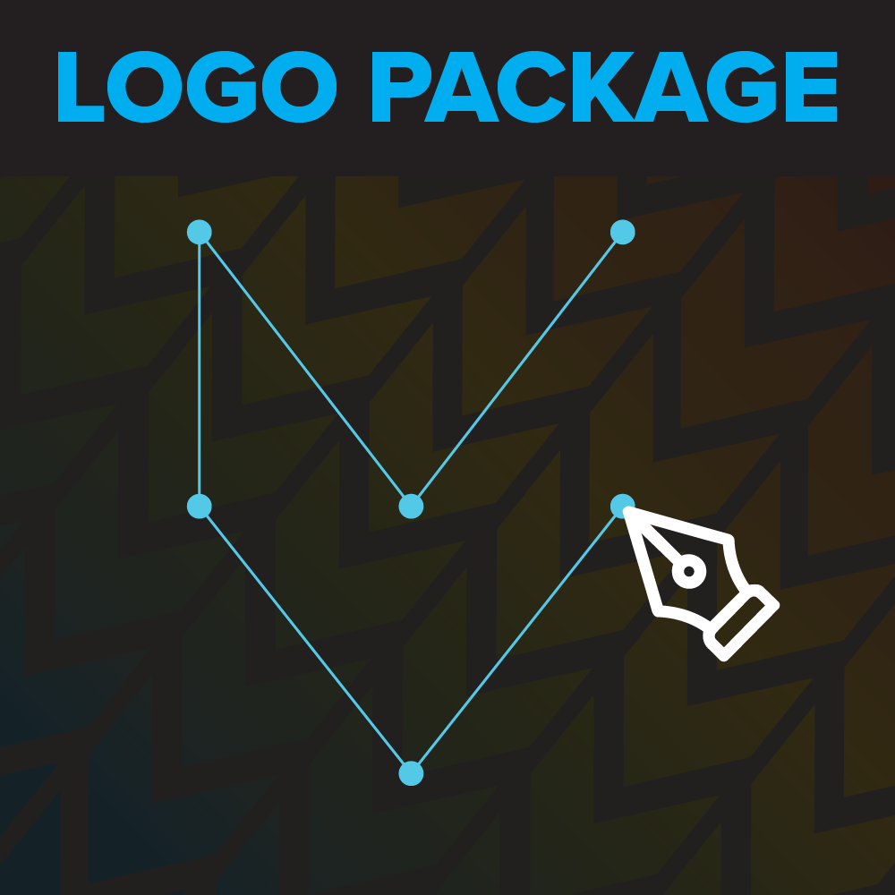 A graphic showing a line chart with five points and an icon of a pen tool. The background has a dark geometric pattern with a gradient. The top text reads 'LOGO PACKAGE' in blue, and the bottom text reads 'TIER 3' in white.