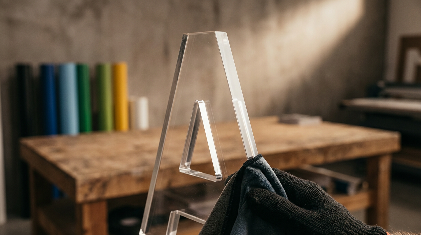 A person wearing a black glove holding a clear acrylic sheet, with a background of a wooden table, colorful rolls of material, and a concrete wall.