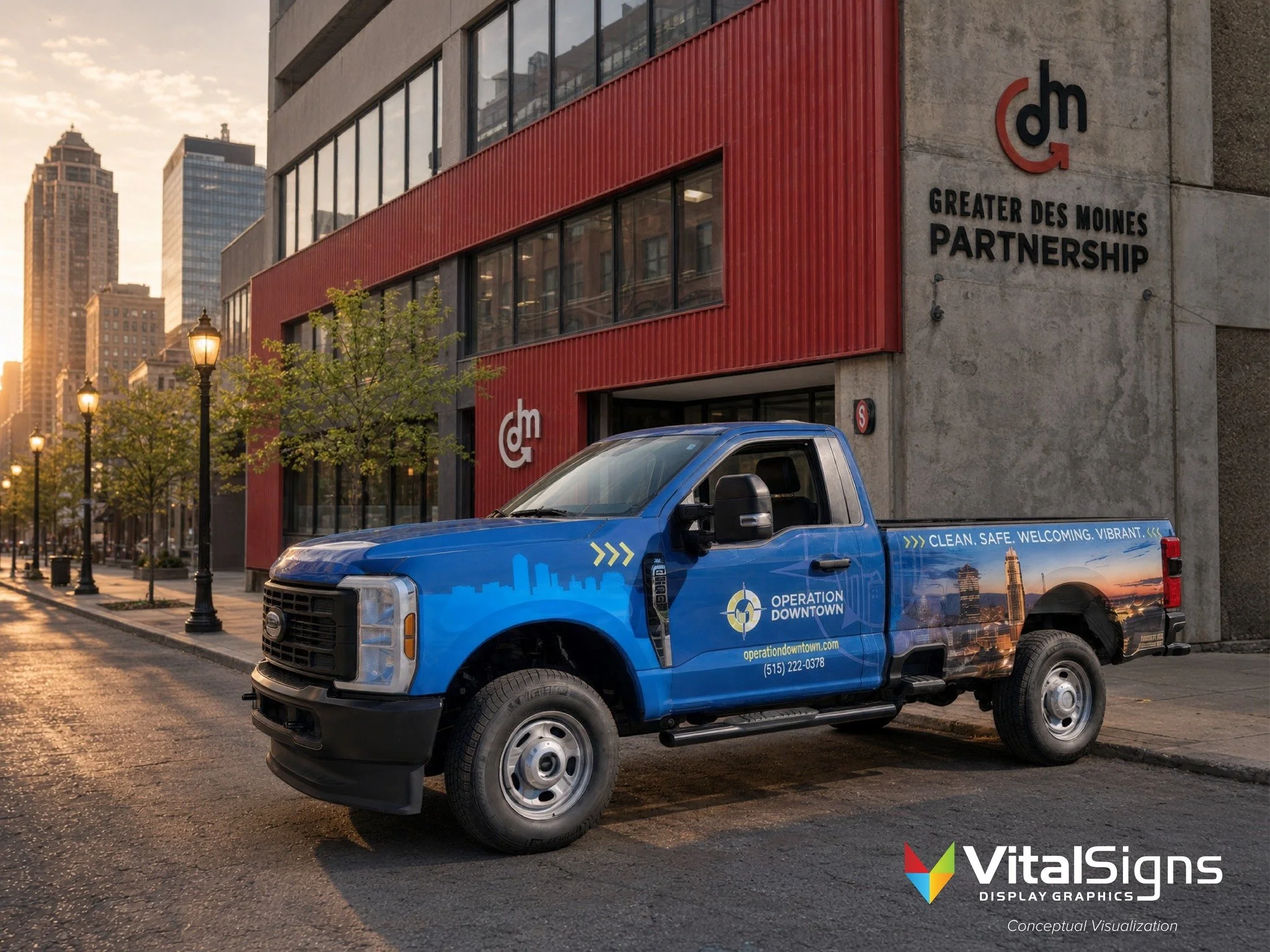 Talk about a truck that stands out! 👀 

We recently printed and installed this full wrap for Operation Downtown, an initiative of the Greater Des Moines Partnership. From the bright blue cab to the Des Moines skyline wrapping around the bed, this F-
