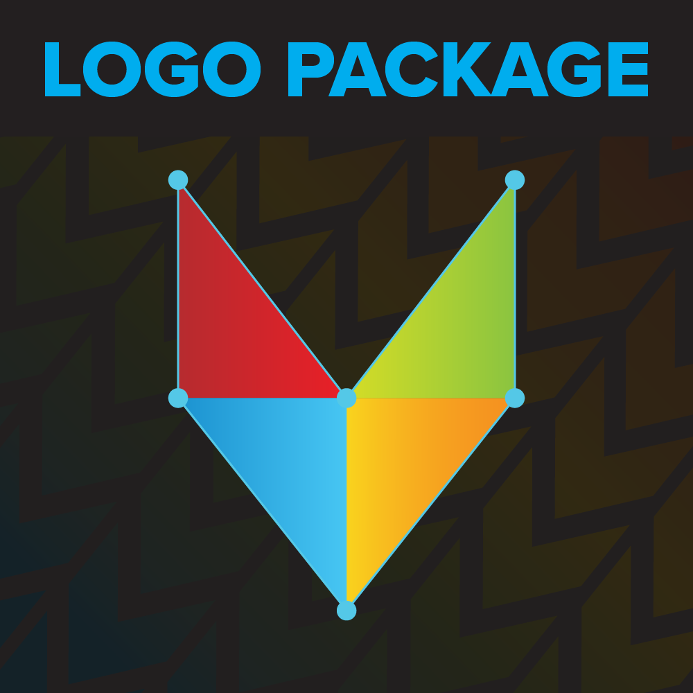 A graphic with the title 'LOGO PACKAGE' in bold blue text at the top, featuring a geometric kite shape divided into four colored sections (red, blue, green, and orange) on a dark background with a subtle pattern, and the label 'TIER 1' in white text at the bottom.