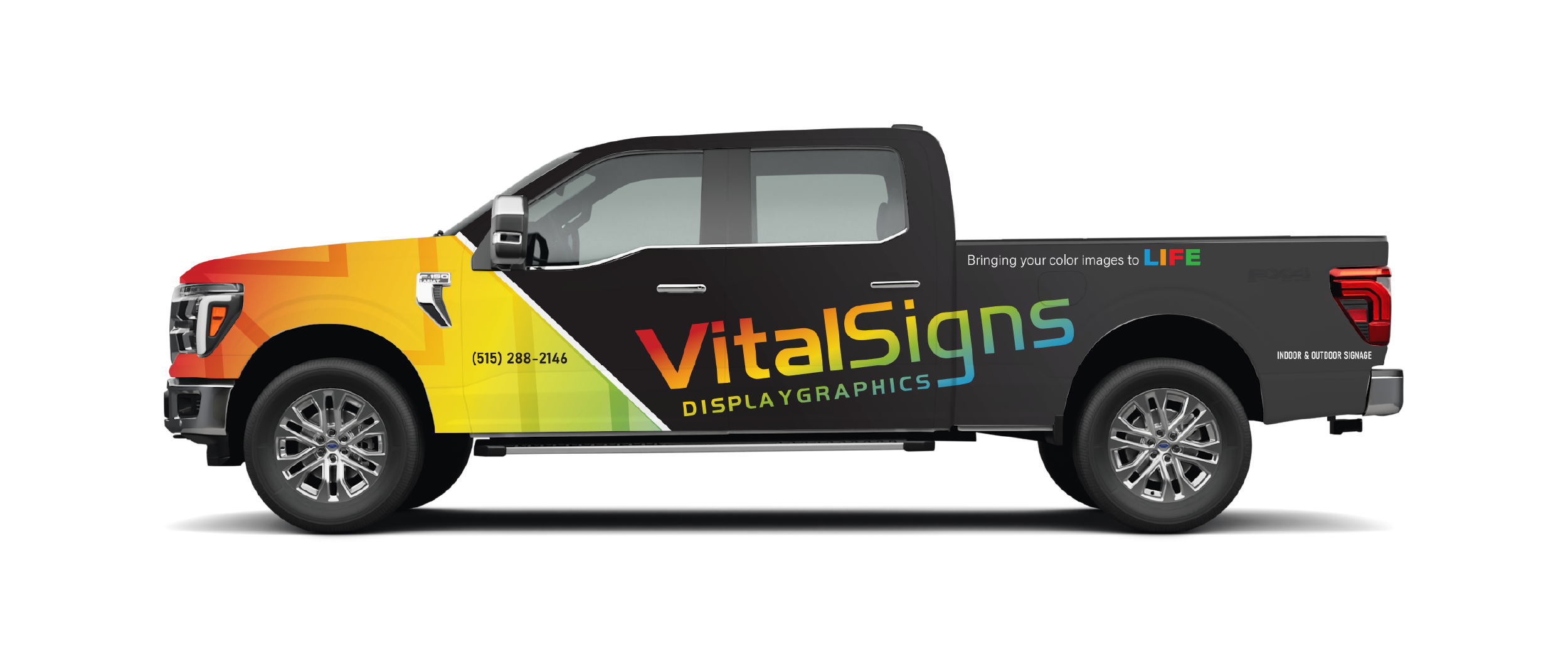 Ford F-150 wrapped with colorful Vital Signs Display Graphics branding