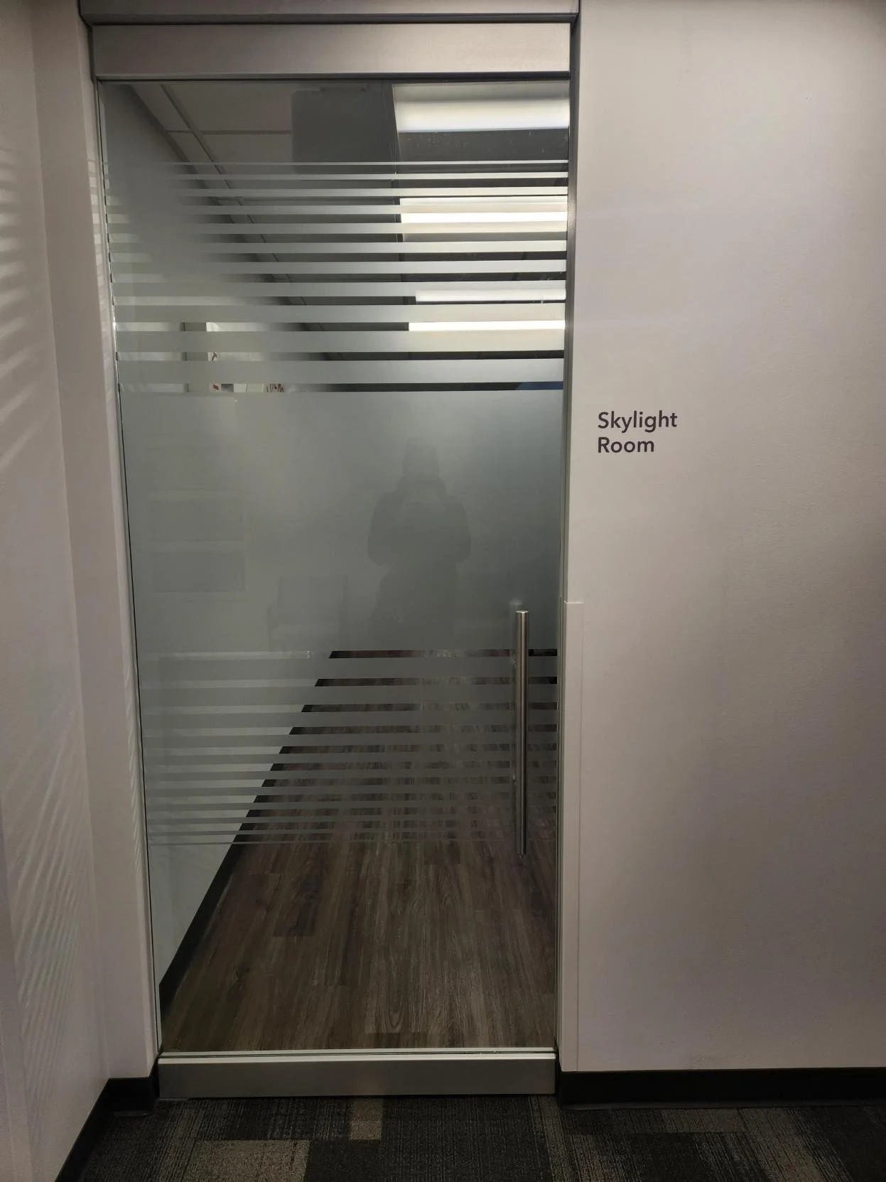 Glass door with horizontal frosted stripes and a metal handle, labeled 'Skylight Room', with a reflection of a person taking a photo in the glass.