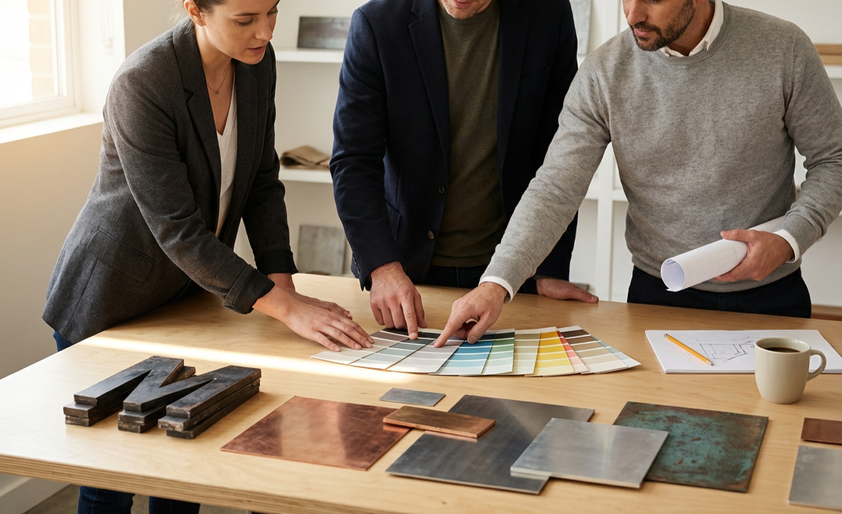 Three people discussing color samples and material tiles on a wooden table in an office or design studio.