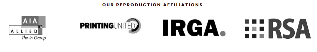 Logos of different reproduction affiliations, including AIA Allied, Printing United, IRGA, and RSA.