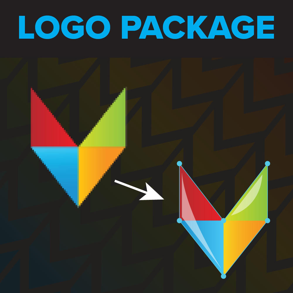 Graphic showing a logo package and tier 2 logo design with colorful geometric shapes and arrows indicating transformation.