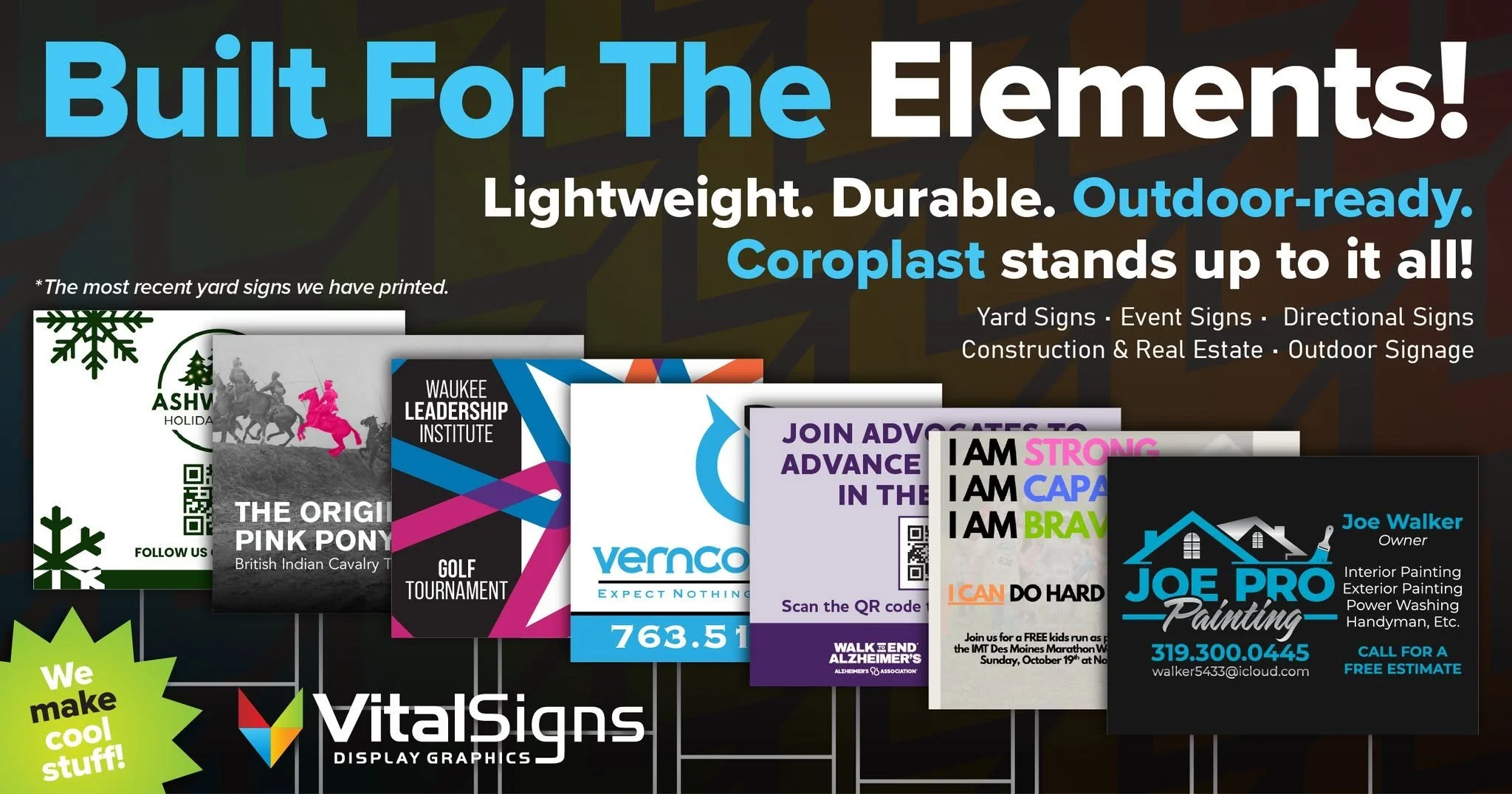 A variety of printed yard and event signs such as outdoor signs, directional signs, and construction signs, with colorful designs and business information, displayed together.