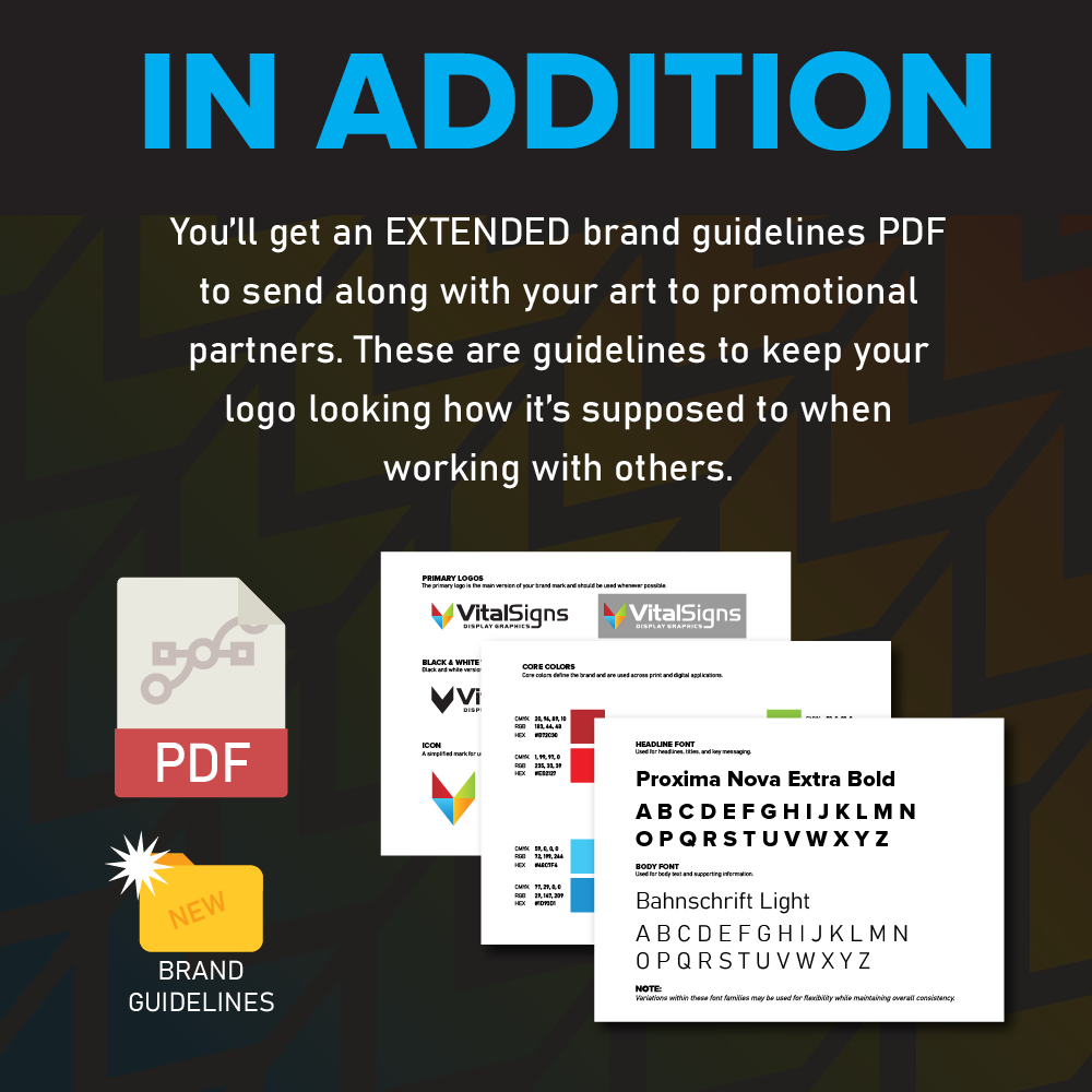 A digital graphic promoting brand guidelines PDFs, featuring the heading 'IN ADDITION' in large blue letters, with text explaining the benefits of the guide, including brand colors, fonts, and logo usage. There are icons of a PDF document and a yellow tag labeled 'NEW' for brand guidelines, along with sample logo and font pages.