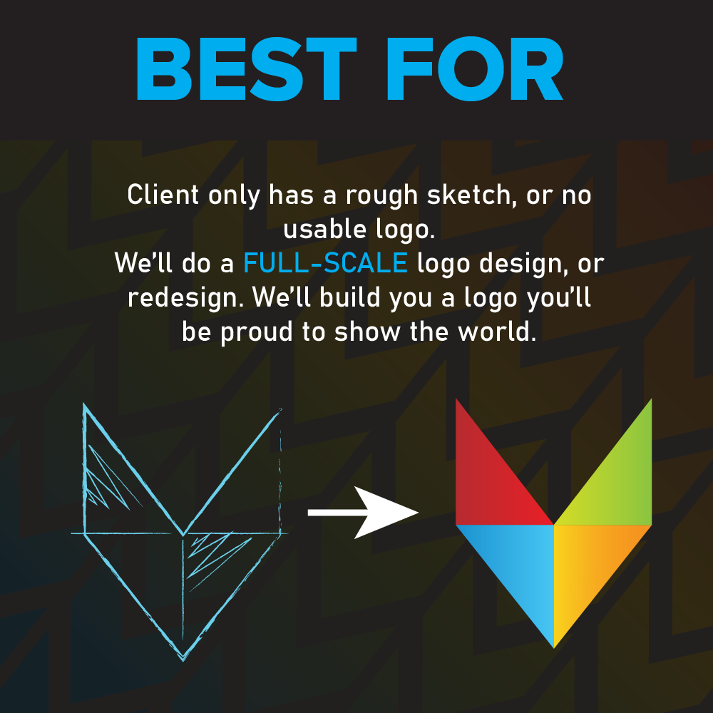 Promotional graphic showcasing logo design services with before-and-after images of a geometric logo transformation, and text emphasizing the company's ability to create logos from rough sketches.