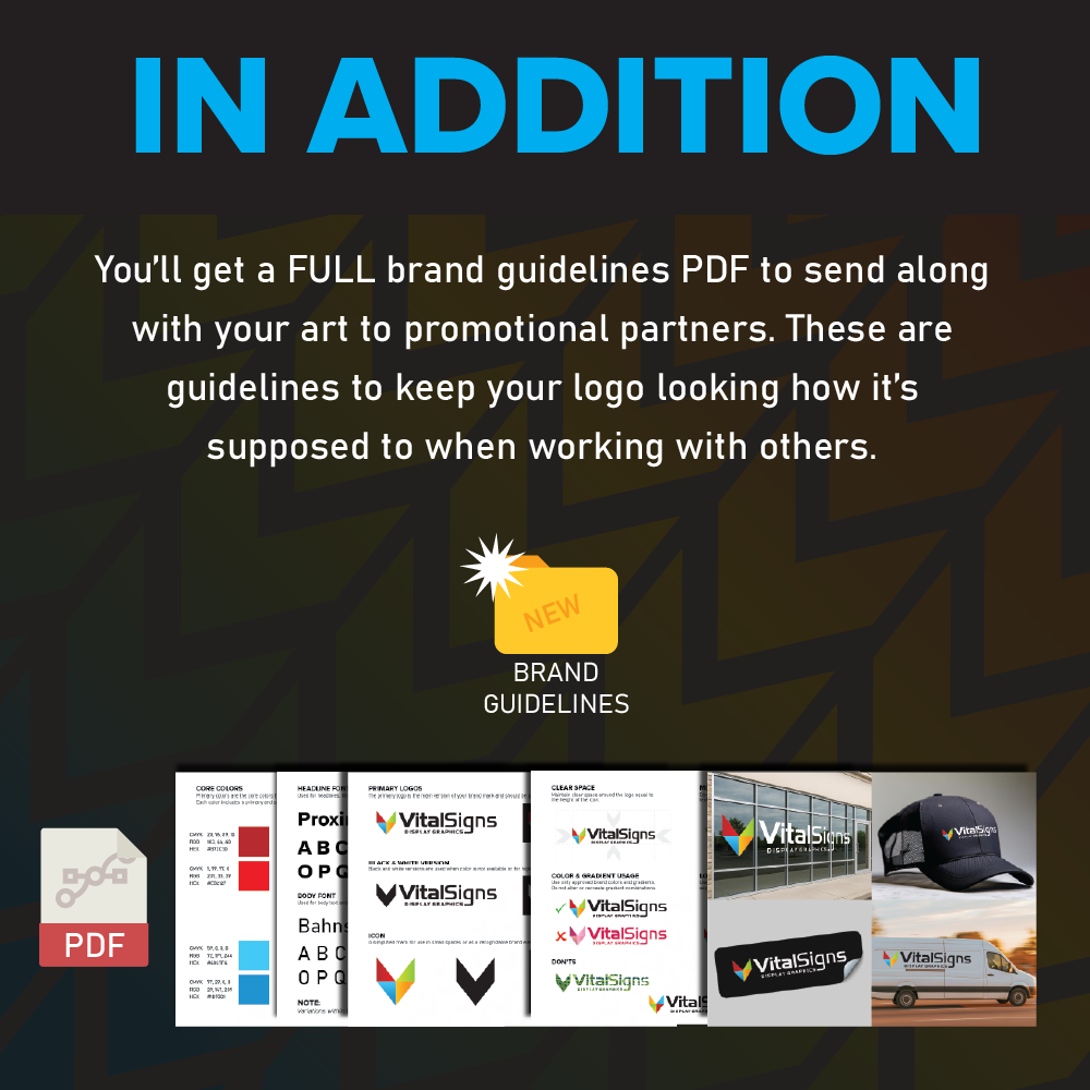 An informational slide about brand guidelines. The slide features the title 'IN ADDITION' in large blue text, followed by a paragraph explaining the benefits of a full brand guidelines PDF. There is a yellow icon labeled 'NEW' representing brand guidelines. At the bottom, several preview images of brand logos, color schemes, and merchandise like caps and vehicles are displayed, with a PDF icon on the left.