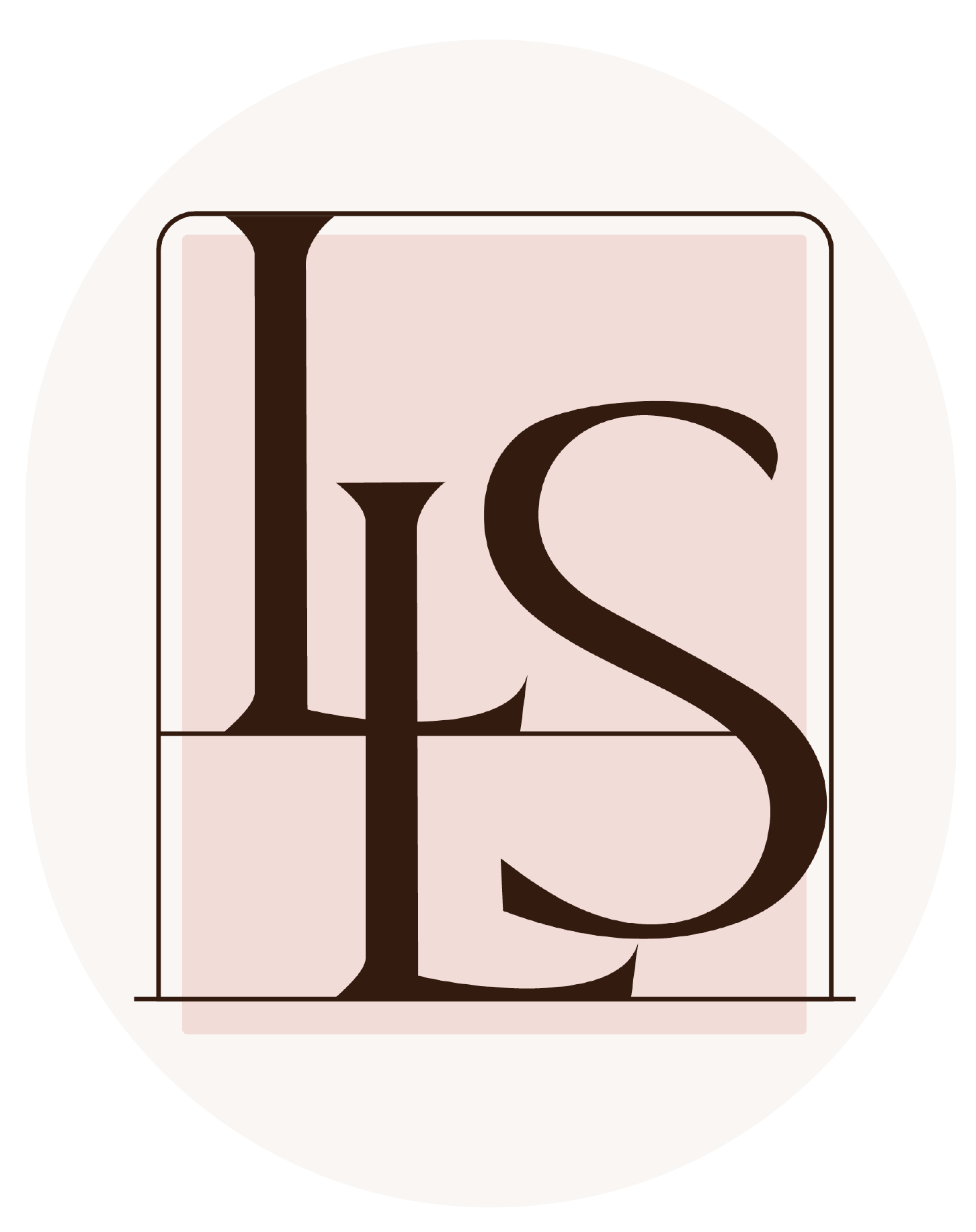 Close-up of a logo featuring the letters 'L' and 'S' in a stylized font, with a light pink background and black border inside a white oval background.