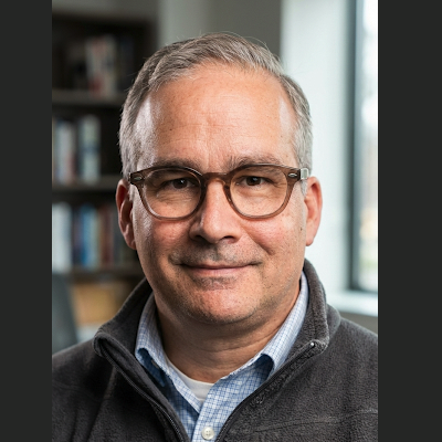 Portrait of a middle-aged man with glasses and short gray hair, smiling at the camera, in a home or office setting with bookshelves and a window in the background.