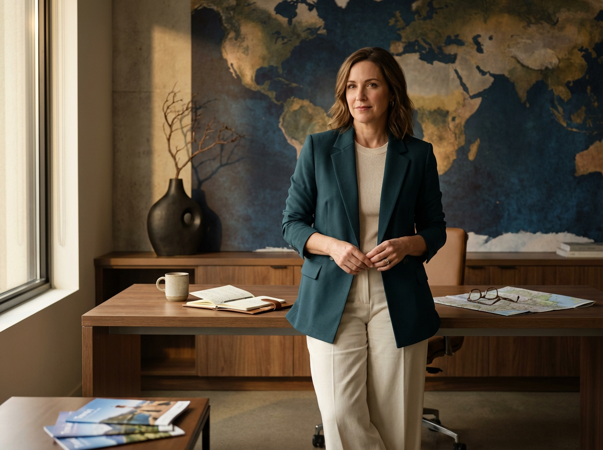 A woman standing in an office, facing the camera, with a large world map on the wall behind her. She is wearing a dark teal blazer over a light-colored top, with white pants. The office has wooden desks with notebooks, a mug, and a pair of glasses on one desk. There is a large window on the left side bringing natural light into the room.