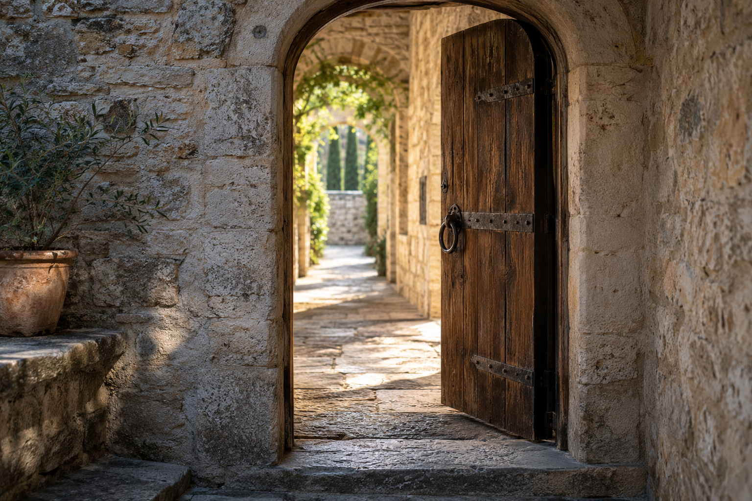 Old wooden door open onto a sunlit stone passage