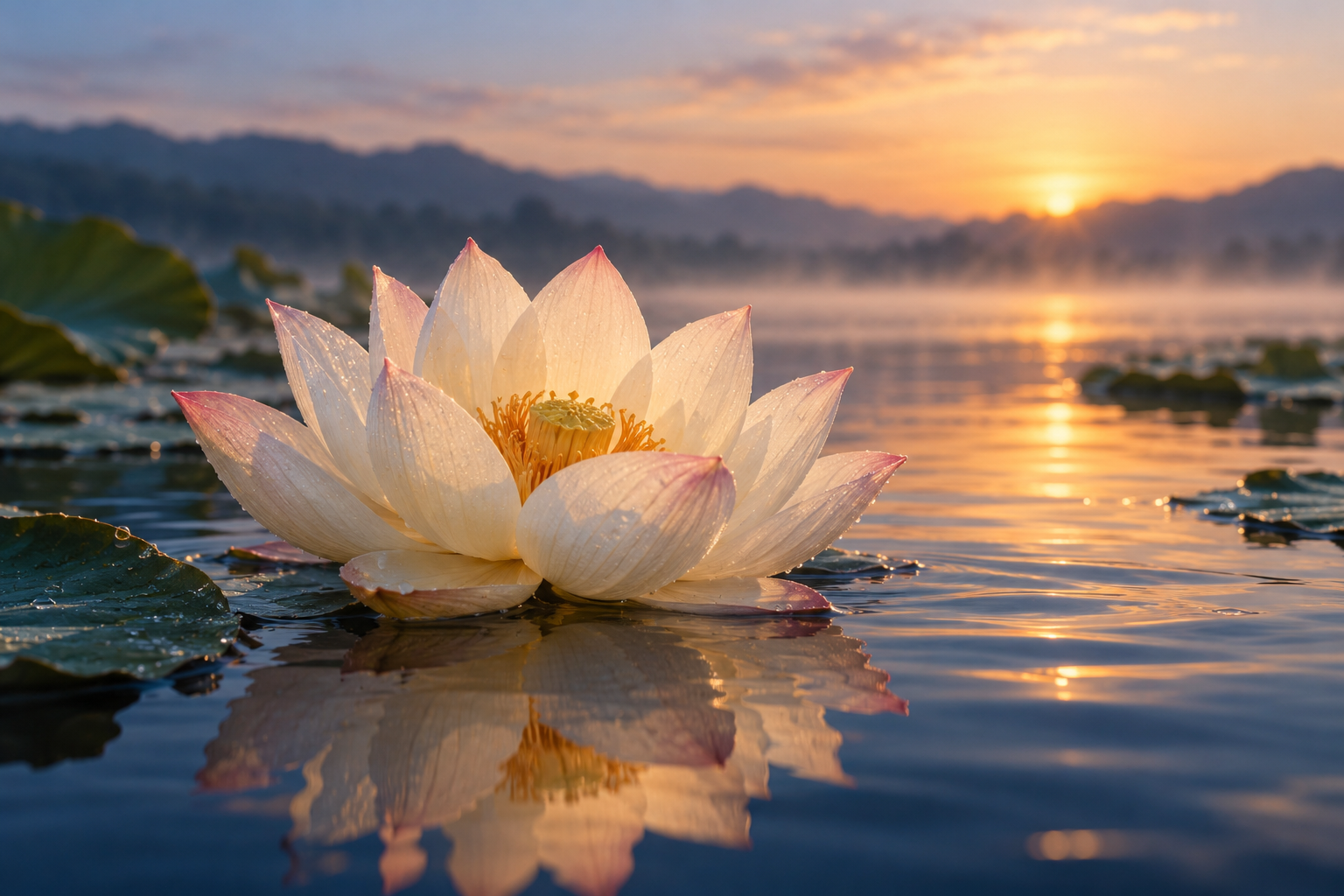 White lotus blooming on still water at sunrise