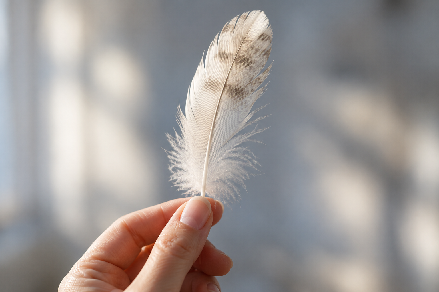 Hand gently holding an ivory feather in soft light