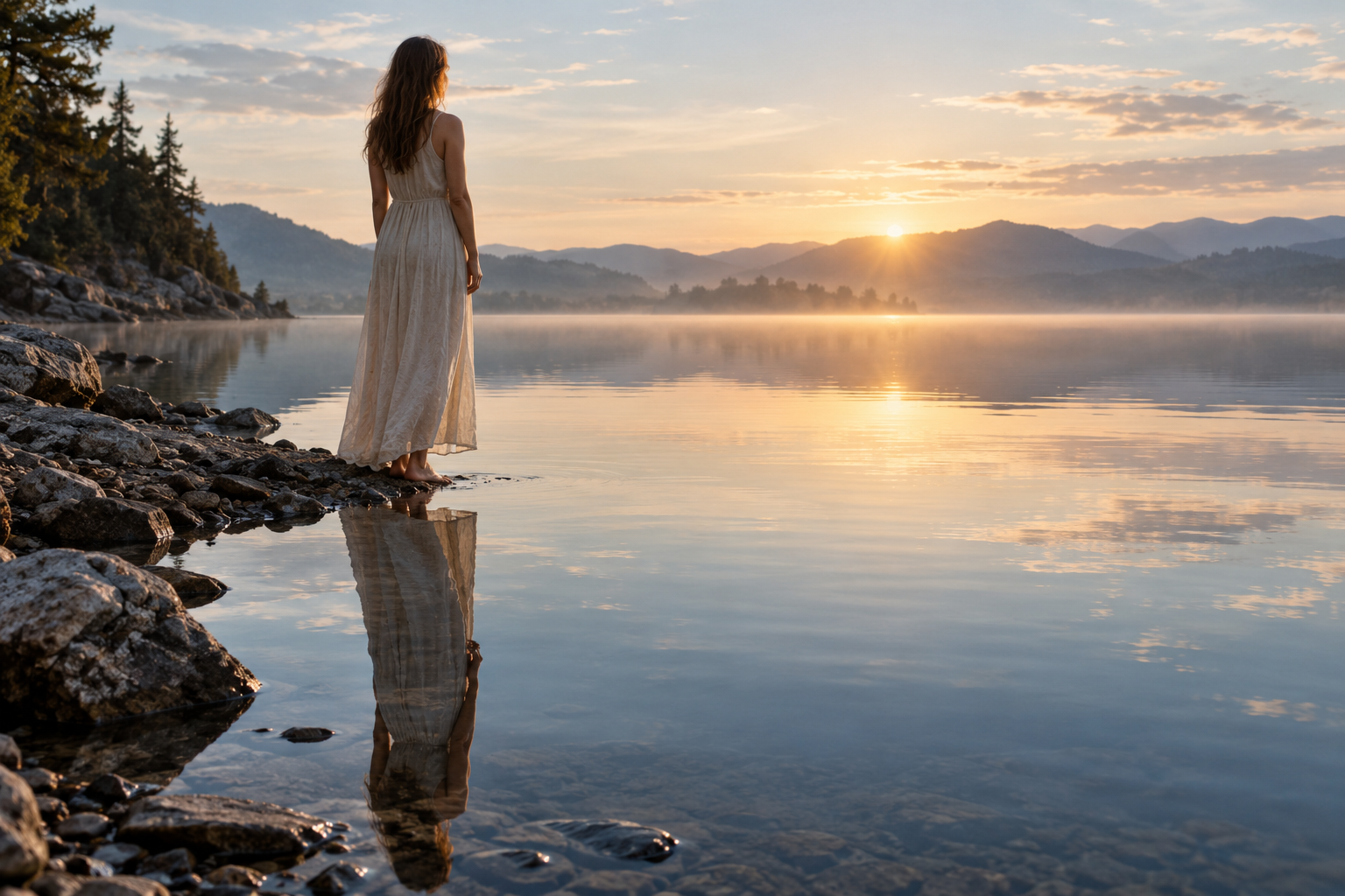 Woman in a white dress standing at the water's edge at dawn