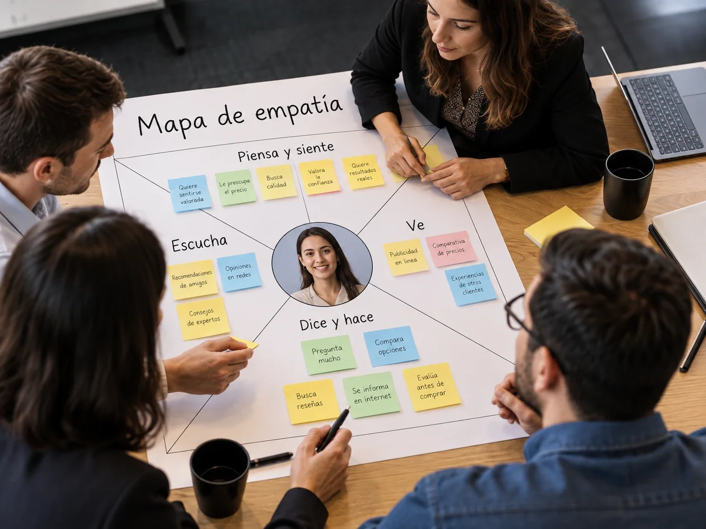 Equipo analizando un Mapa de Empatía para comprender las necesidades y perspectivas del cliente.