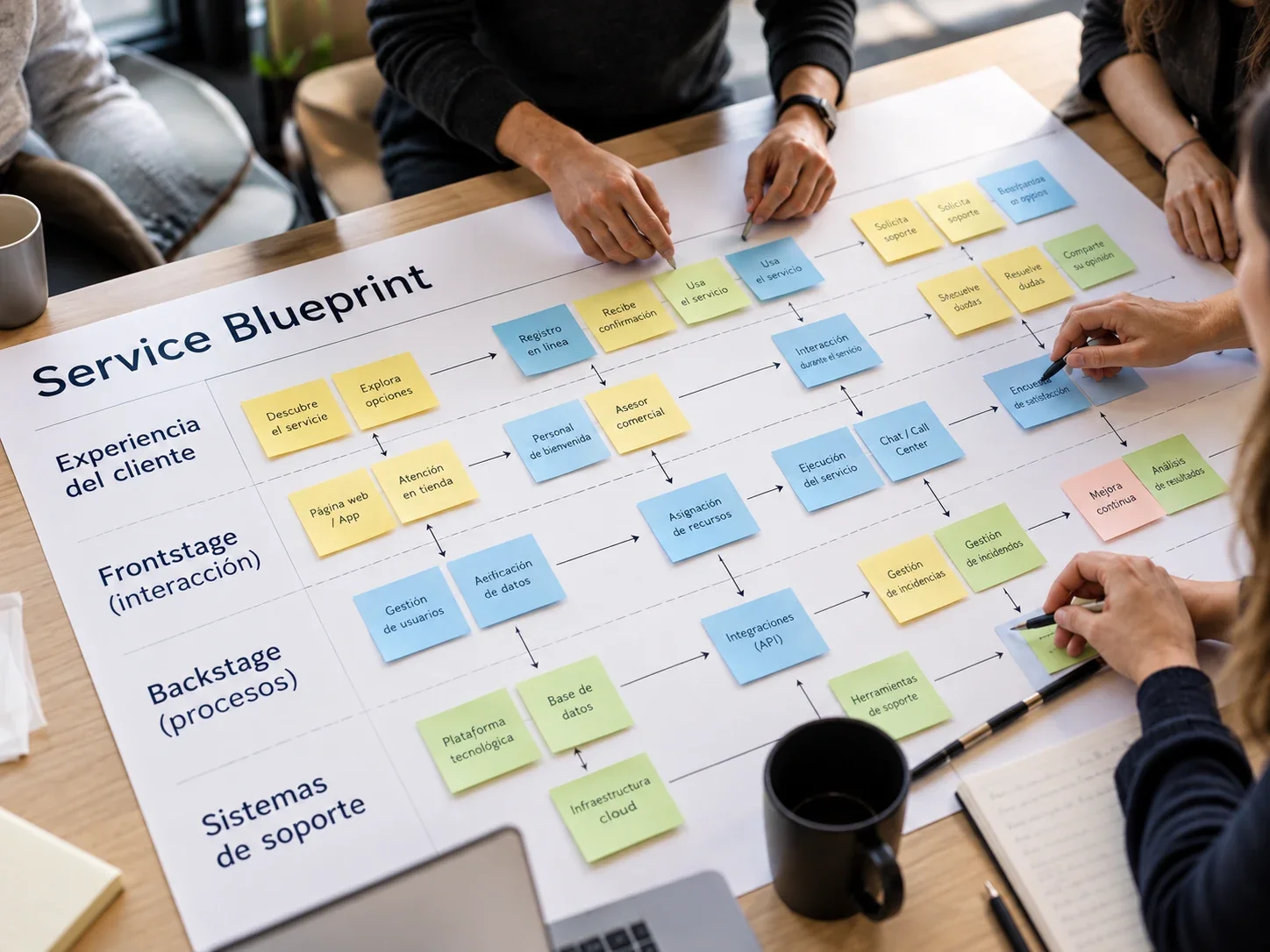 Equipo trabajando sobre un Service Blueprint para conectar la experiencia del cliente con la operación.