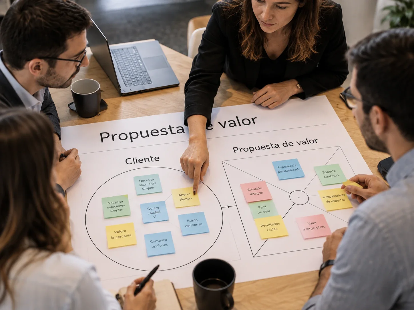 Equipo construyendo una propuesta de valor con herramientas de trabajo sobre la mesa.
