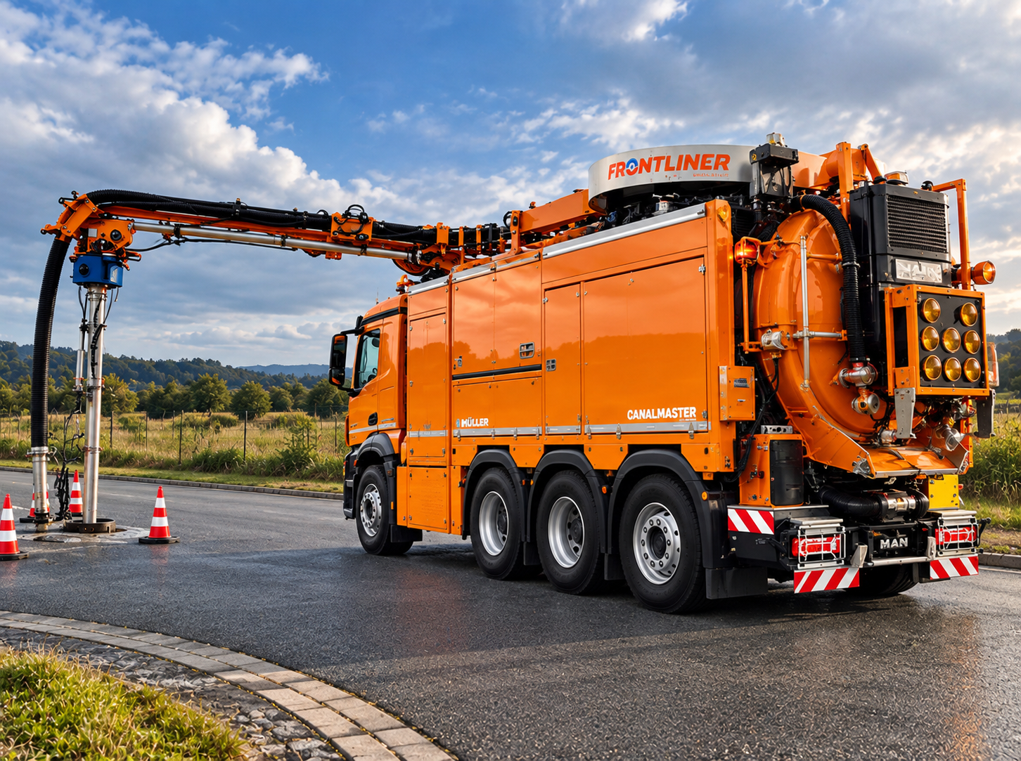 An orange vacuum truck with a long arm extending from the back, working on a roadway with orange traffic cones near a grassy field and cloudy sky.