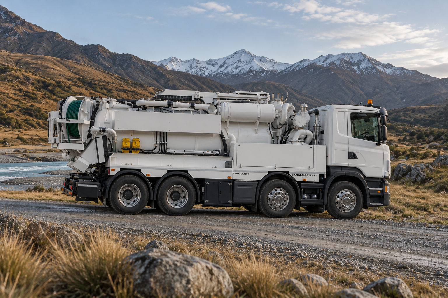A large white vacuum truck parked on a dirt road with mountains in the background and snow on the peaks.