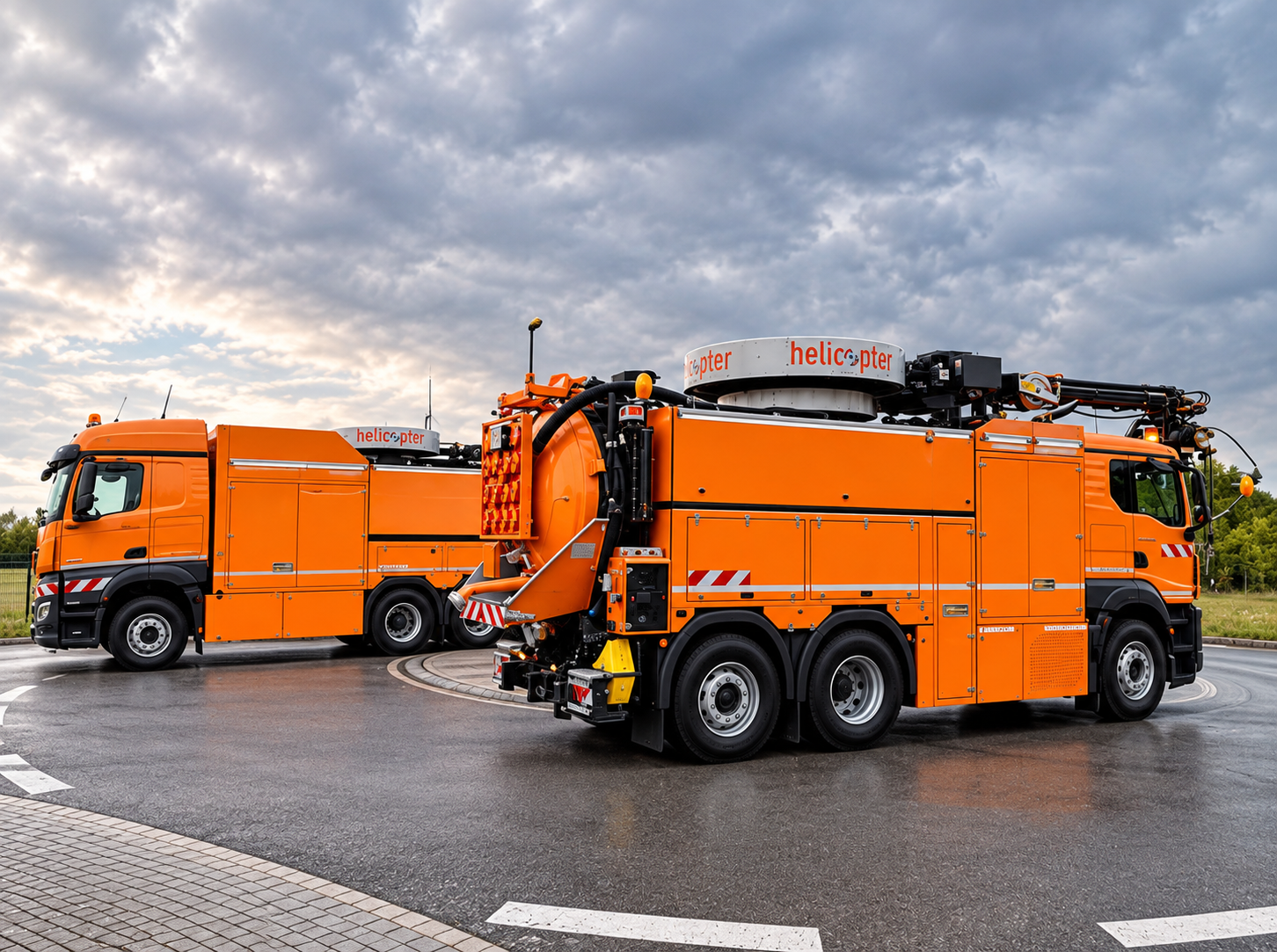 Orange utility vehicles, possibly fire or emergency trucks, parked on a wet road under a cloudy sky.