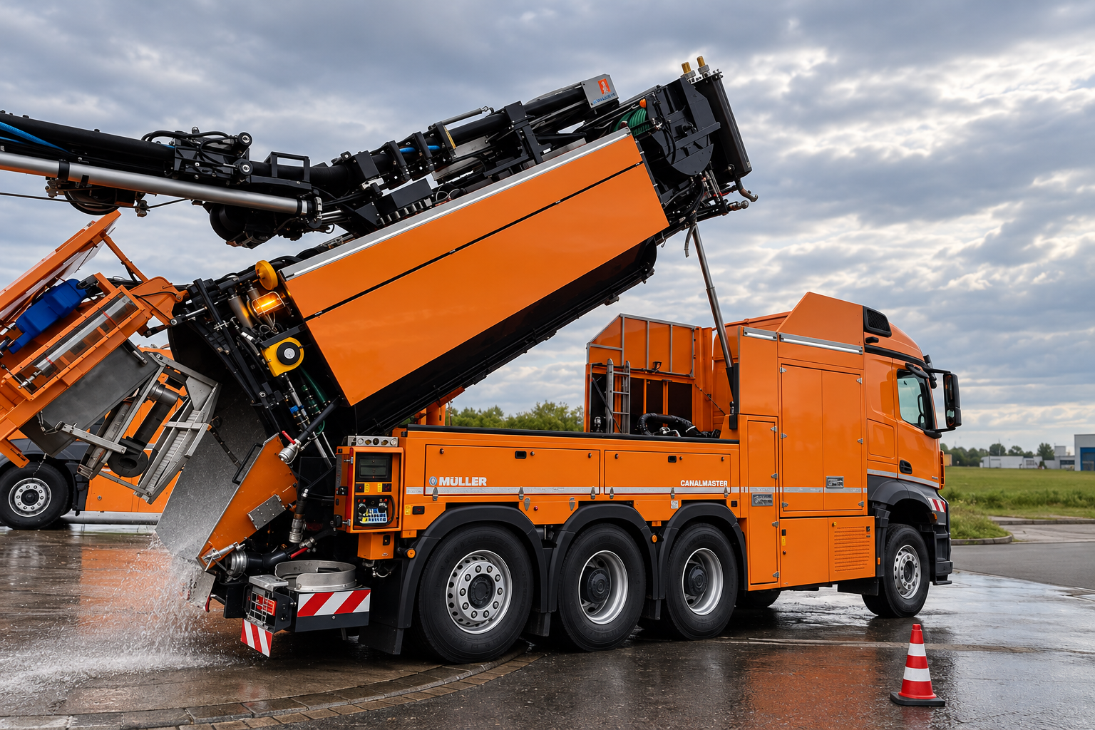 An orange canal cleaning truck with a large water jet and hose system, parked on a wet surface with a cloudy sky in the background.