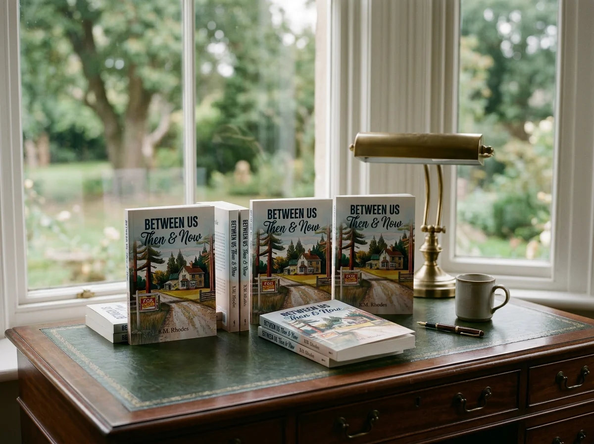 Copies of the book “Between Us Then & Now” displayed on a vintage wooden desk beside a brass lamp and coffee mug.