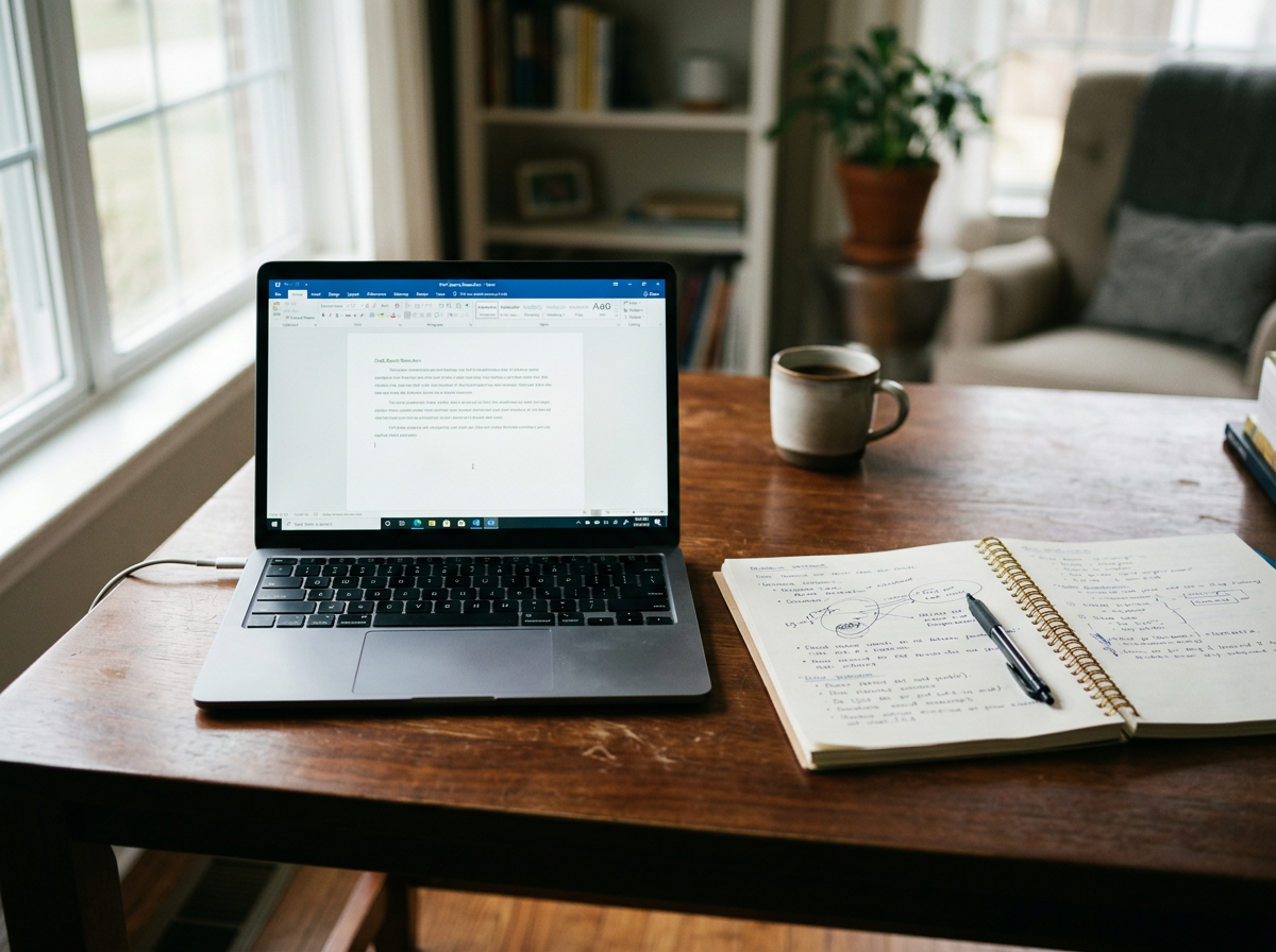 Laptop displaying a document beside a handwritten notebook, pen, and coffee mug on a wooden desk in a cozy home office