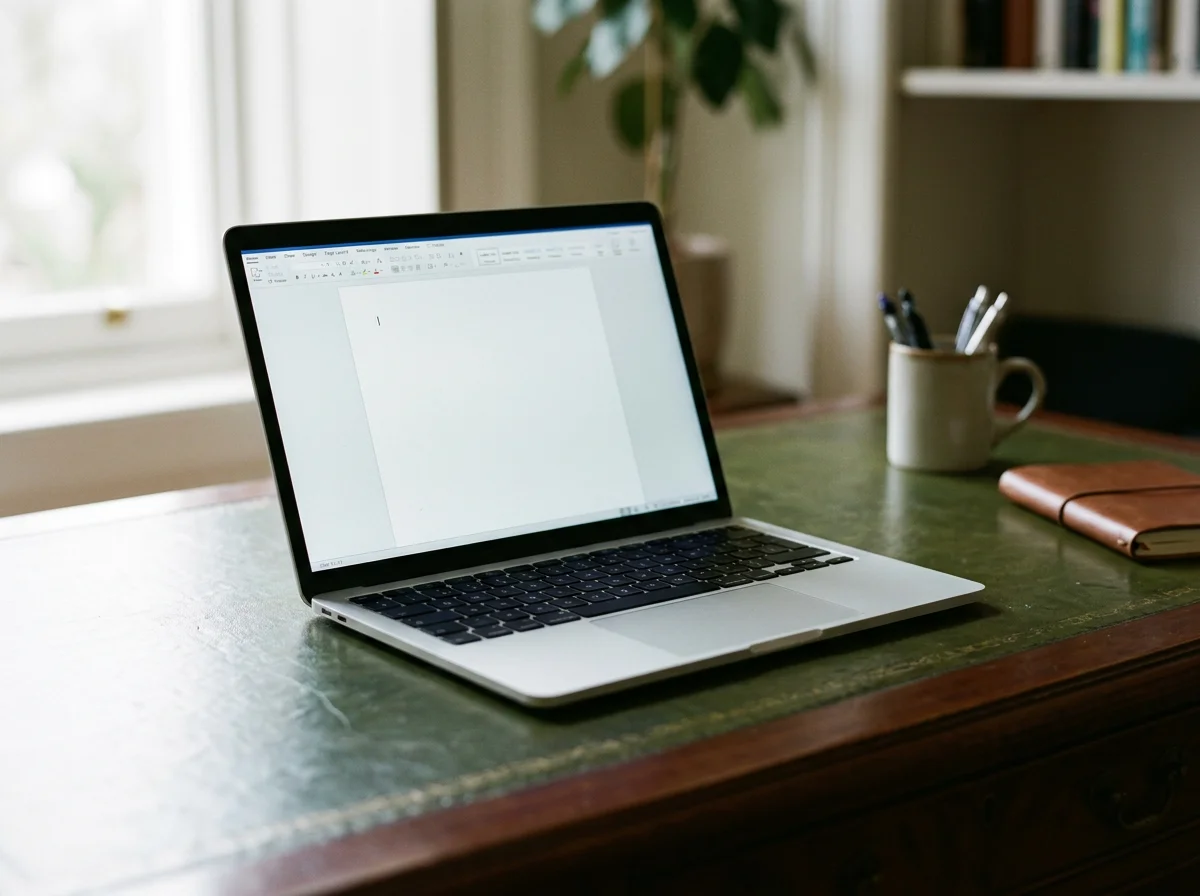 Open laptop displaying a blank document on a green desk beside a coffee mug and brown notebook