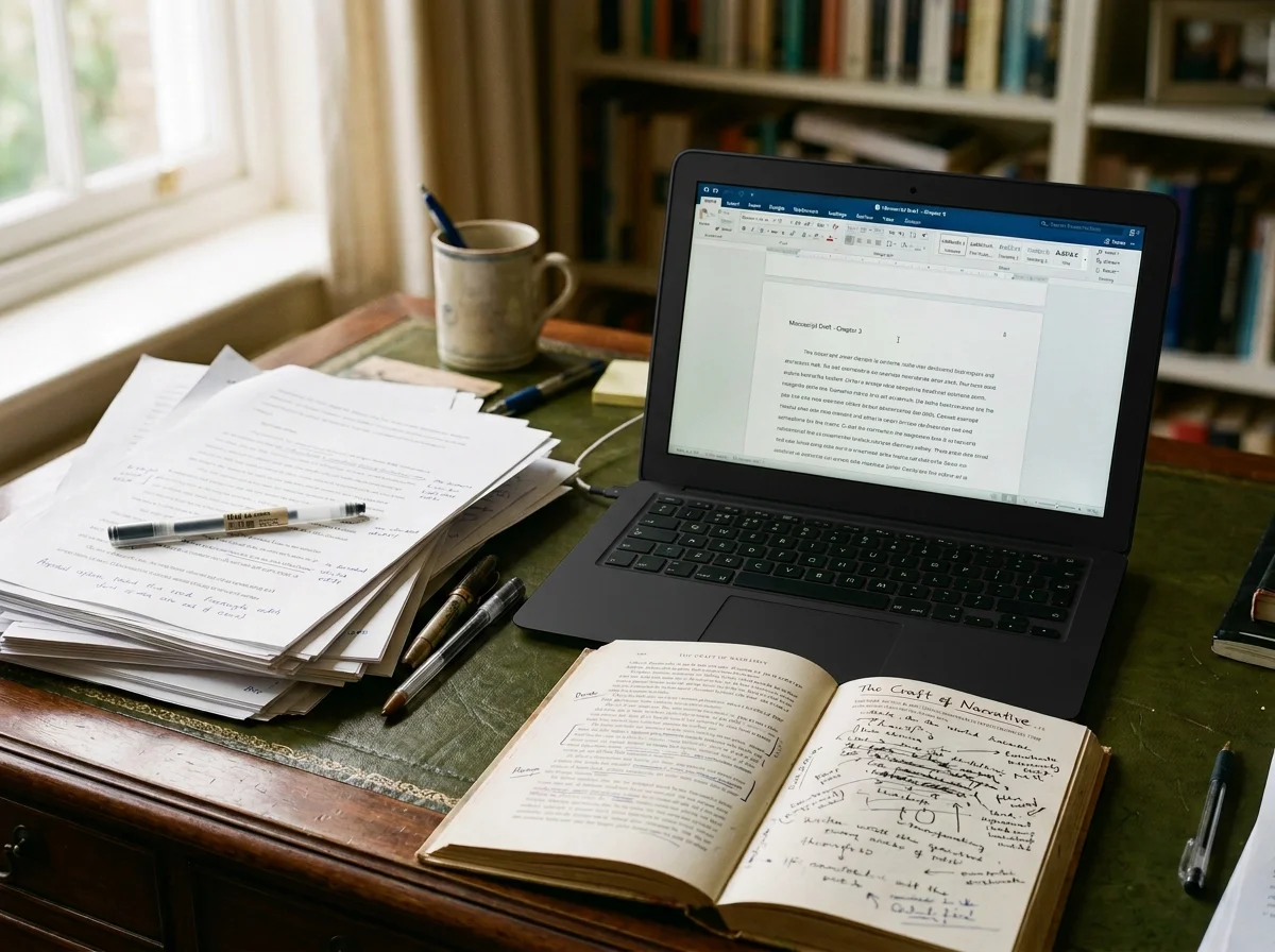 Laptop displaying a manuscript beside research papers, pens, a coffee mug, and an open annotated book on a writing desk.